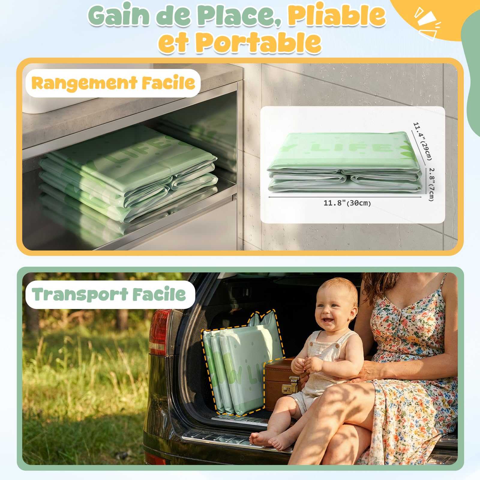 Orzbow Baignoire Pliable Bébé, Grande Baignoire avec Base Antidérapante, Vert, 6 Mois à 6 Ans