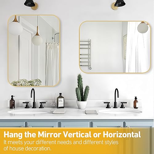Miniatura 6 de FARMER Espejo de baño dorado de 20 x 28 pulgadas para pared, espejo de tocador de baño enmarcado con borde redondeado, espejos rectangulares