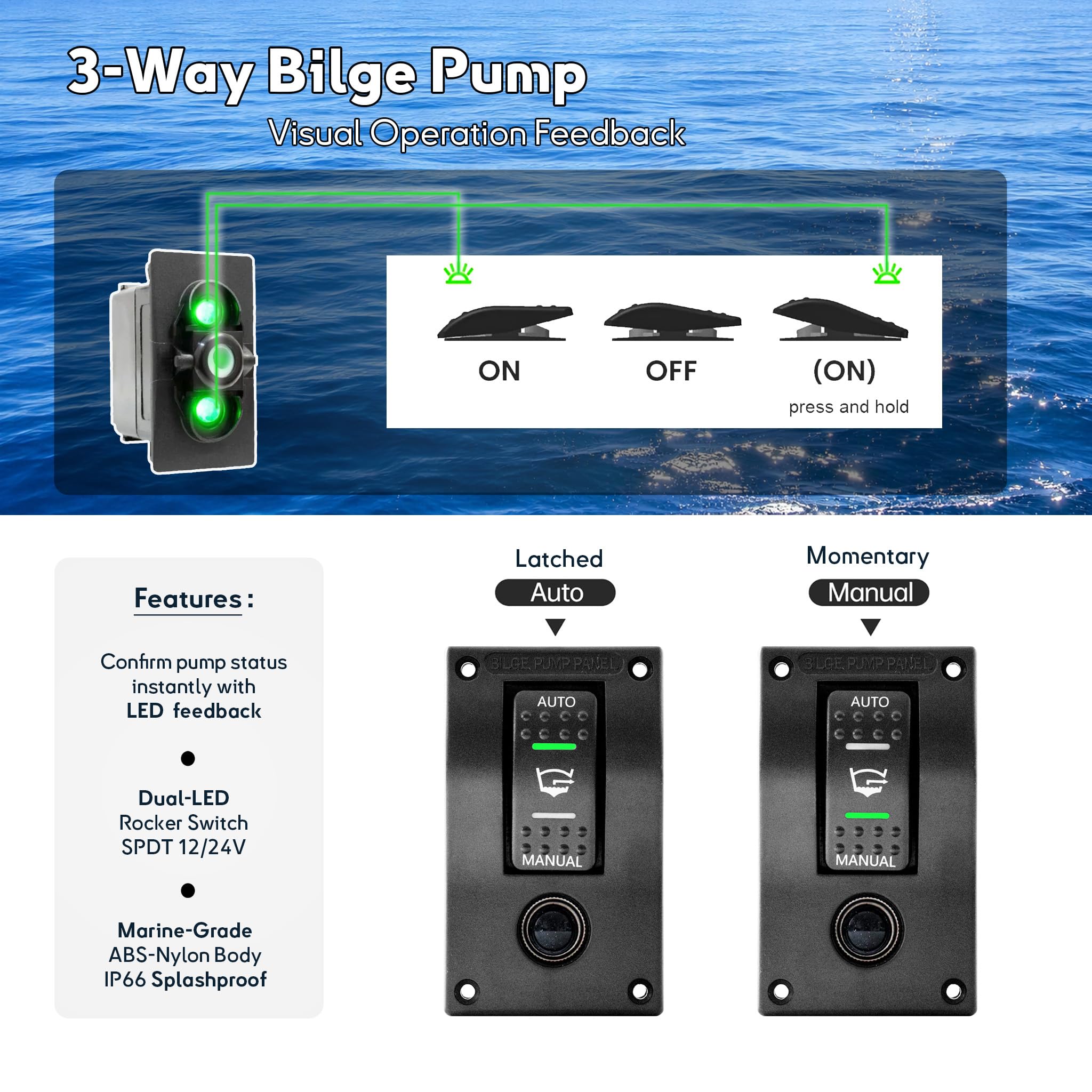 Bedienfeld für Bilgenpumpe, 3 Wege, Auto/Stopp/manuell, 12 V/24 V, integrierter Leistungsschalter, 10 A, IP66, vorverdrahtet, für Boot, Segelboot, Fischerboot