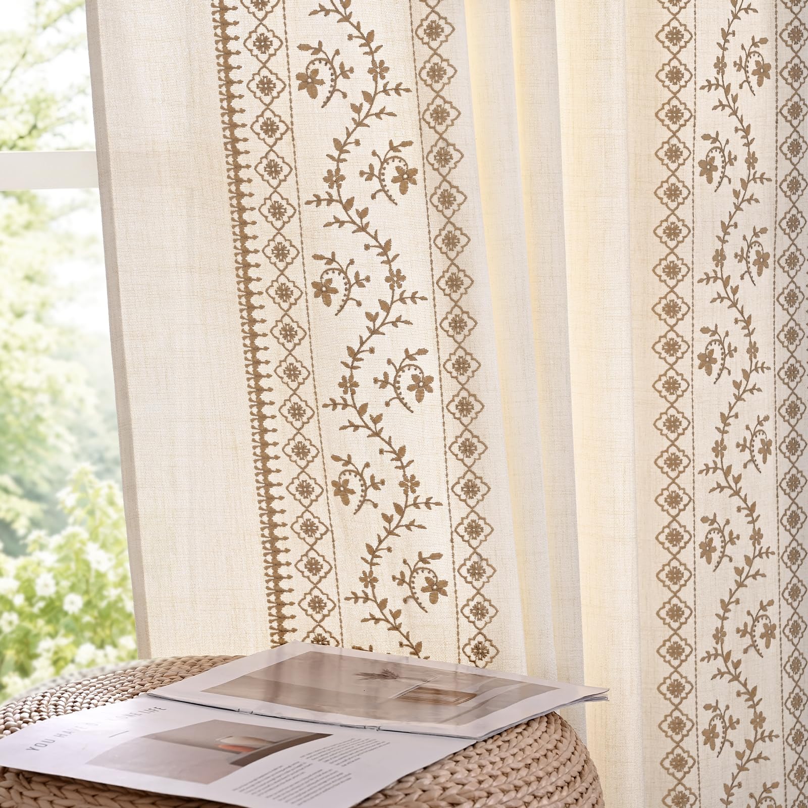 Yinhua Boho Curtains for Living Room 84 Inch Long Brown Embroidered Floral Bedroom Curtains, Farmhouse Light Filtering Window Curtain Rod Pocket &amp; Back Tab Drapes, 52" W x 84" L, 2 Panels