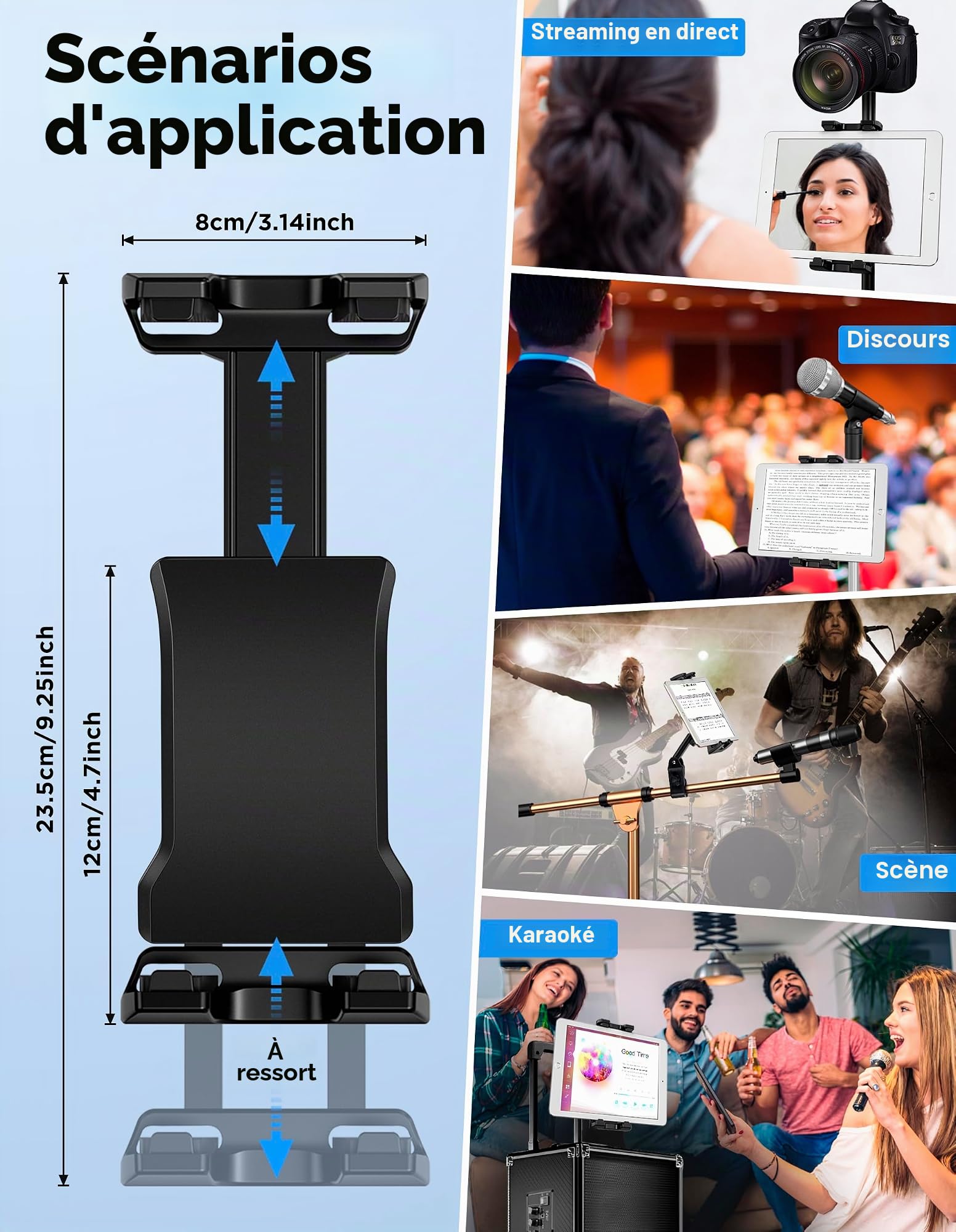 LZSIG Support de tablette et batterie externe mis à jour pour pied de micro, support de microphone réglable pour musique, clip pour iPad et téléphone, compatible avec iPhone, Android, tous les