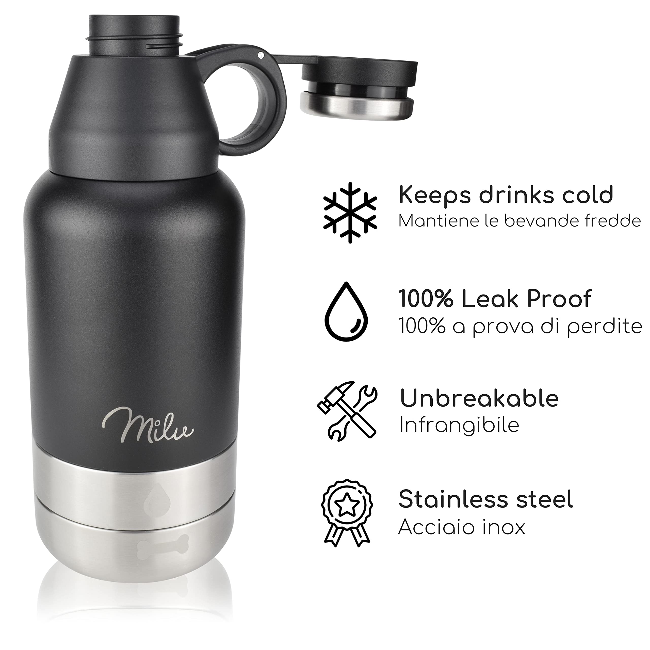 Milu Borraccia per cani da viaggio, 950 ml, con ciotola, isolata, in acciaio inox, per cani, con contenitore per cibo, ciotola, cane, escursionismo, viaggi, passeggiate