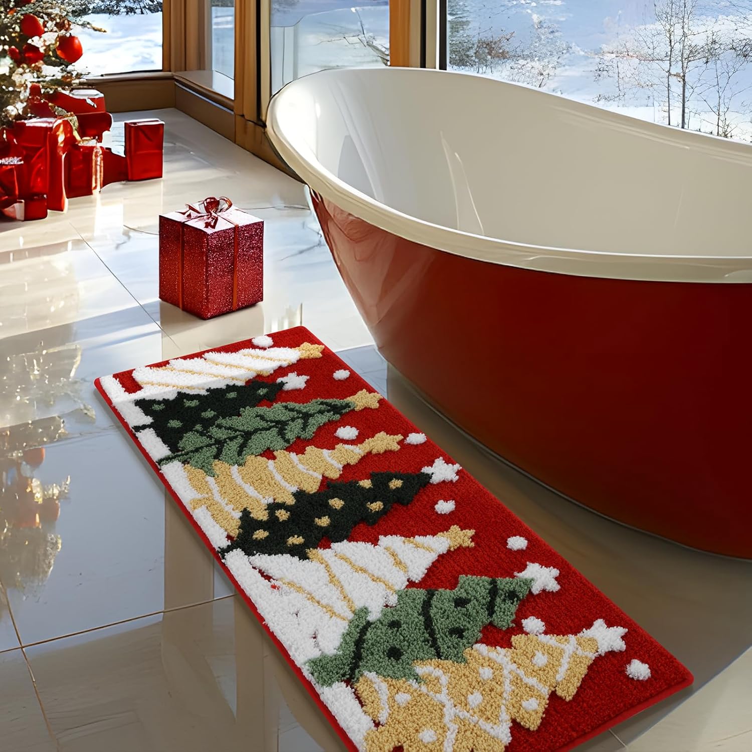 Christmas Tree Bathroom Runner Rug 18x45 Inch, Winter Soft and Absorbent Tufted Xmas Snowflake Bath Mat Non Slip Washable, Christmas Bathroom Decor Rug Red Holiday Decorations