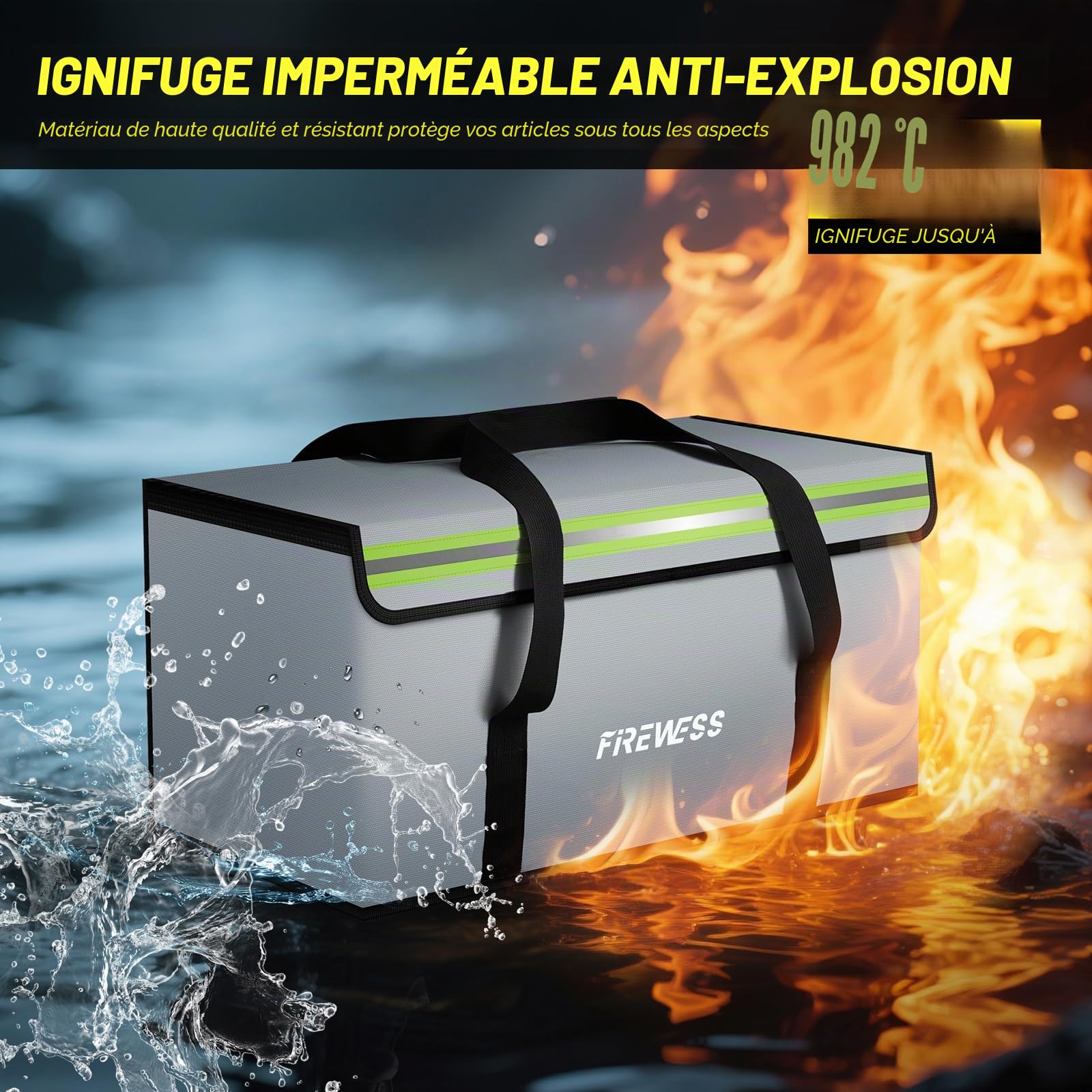 Pochette Anti Feu, Boite Ignifuge, Lipo Safe Bag, 60 x 30 x 30 cm, pour Documents A4, Passeport, Batterie Lipo, Bijoux, Objets de Valeur