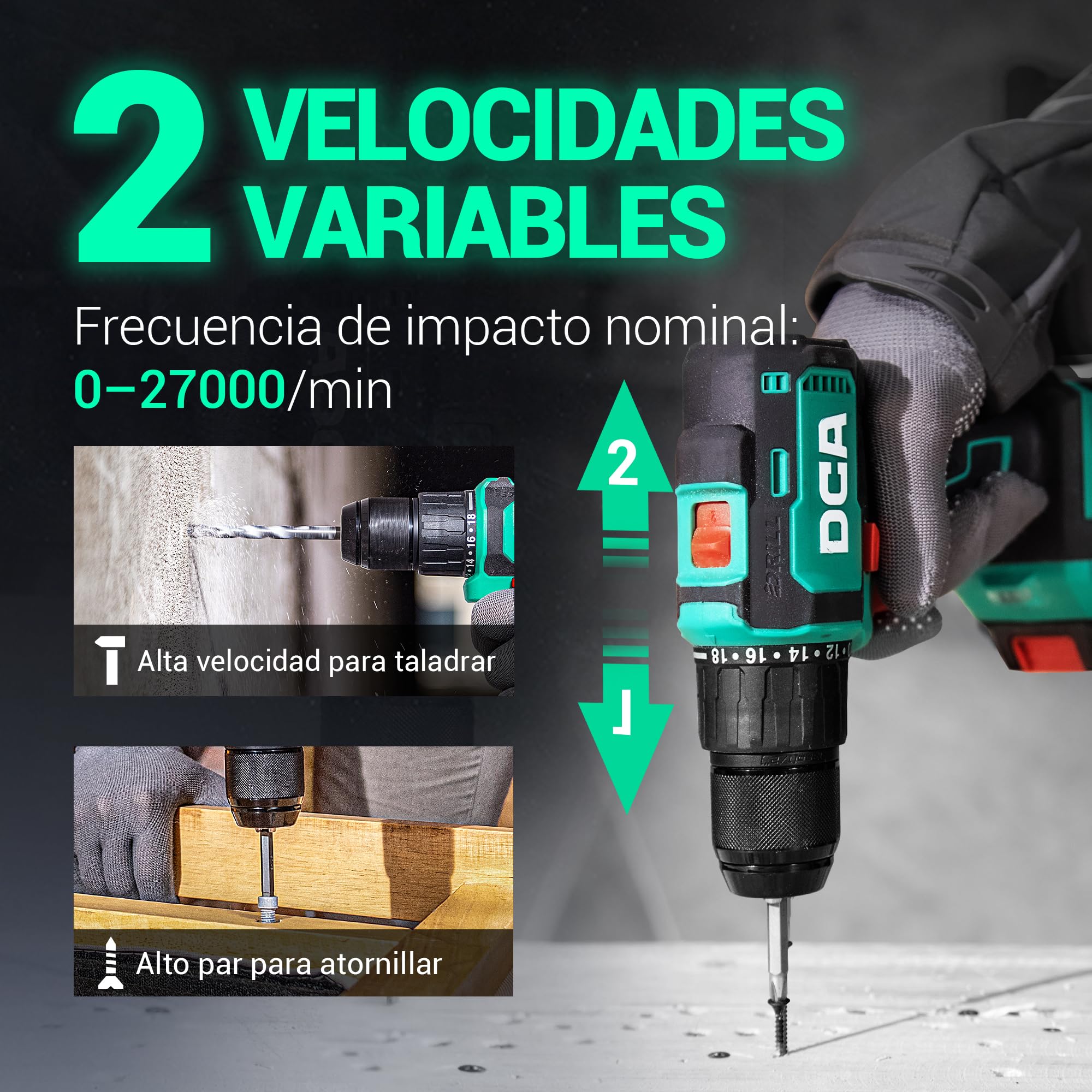 DCA Taladro Percutor Inalámbrico Brushless 20V, 55Nm de Par Máximo, Mandril Todo Metal de 13mm, 18+2 Configuraciones de Par (0-450/1800RPM), Diseño Compacto con 2*Batería de 2.0Ah y Cargador，ADJZ2055i