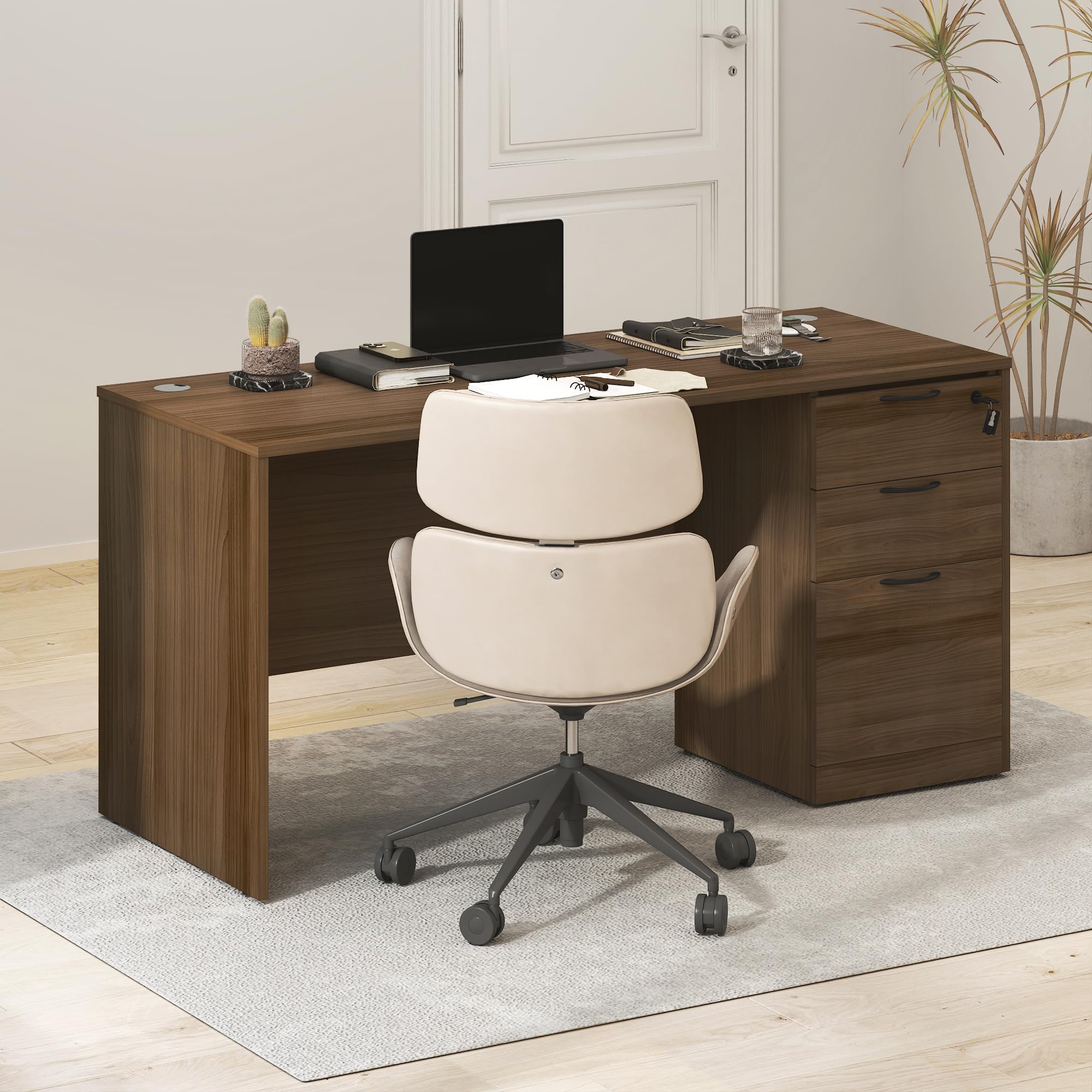 Furinno Roger 60 Inch Executive Desk with File Cabinet, Home Office Desk with 3-Drawer Fixed Pedestal Filing Cabinet, Desk Cord Grommet, for Home Office, Modern Walnut
