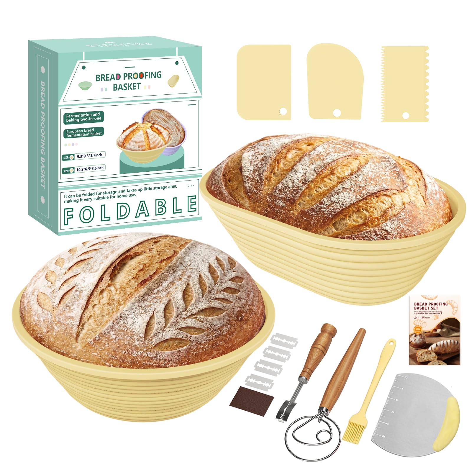Set di 14 cestini per lievitazione del pane in silicone, rotondi da 28 cm e 29 cm, con frusta, lame e raschietto, pieghevole e lavabile in lavastoviglie, set regalo essenziale per principianti