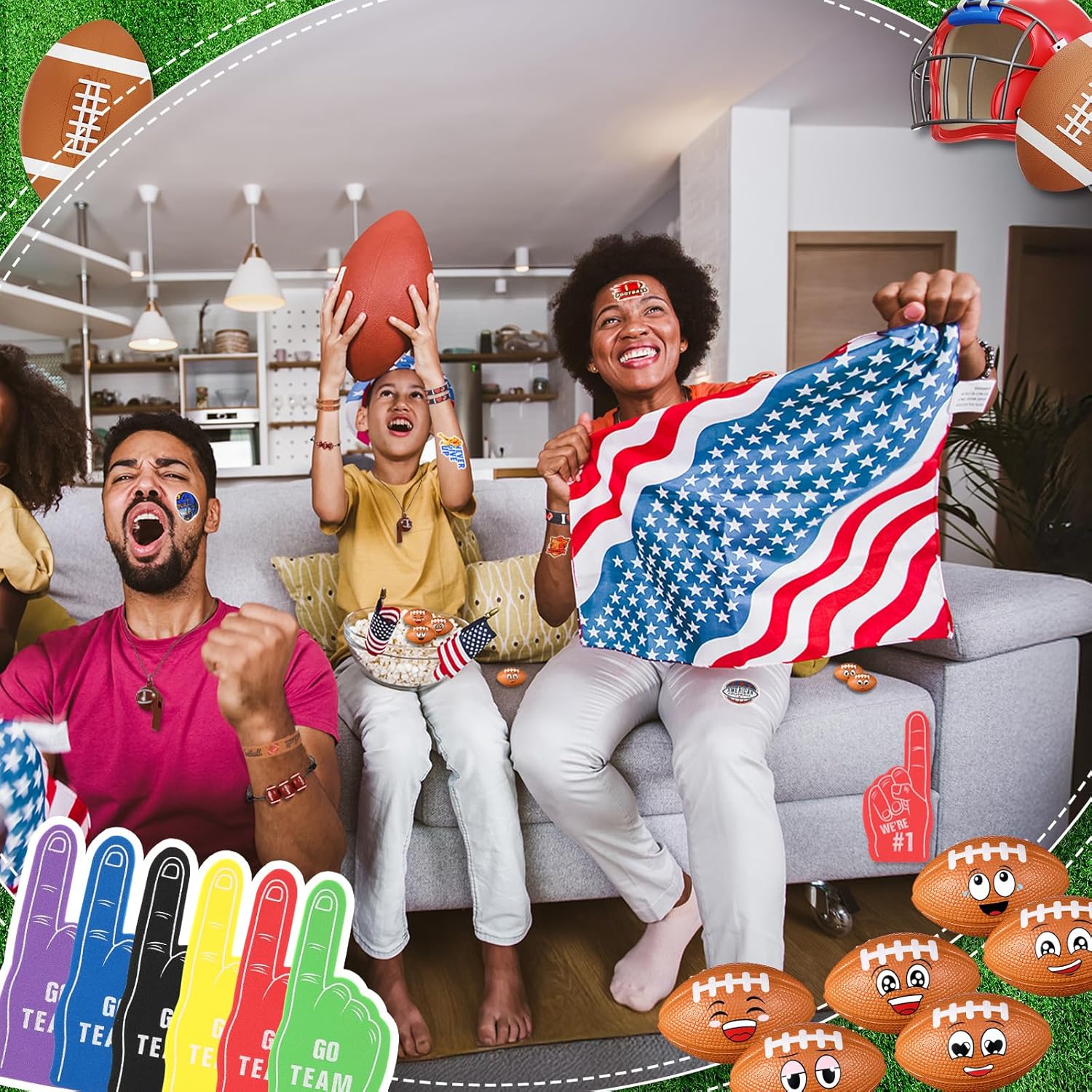 Maxdot 194 Pcs Football Party Favors 24 Set Football Goodie Foam Finger Mini Face StressBall Keychain Bracelet Wristband Whistle Sticker for Kids Birthday Party Supplies Gift