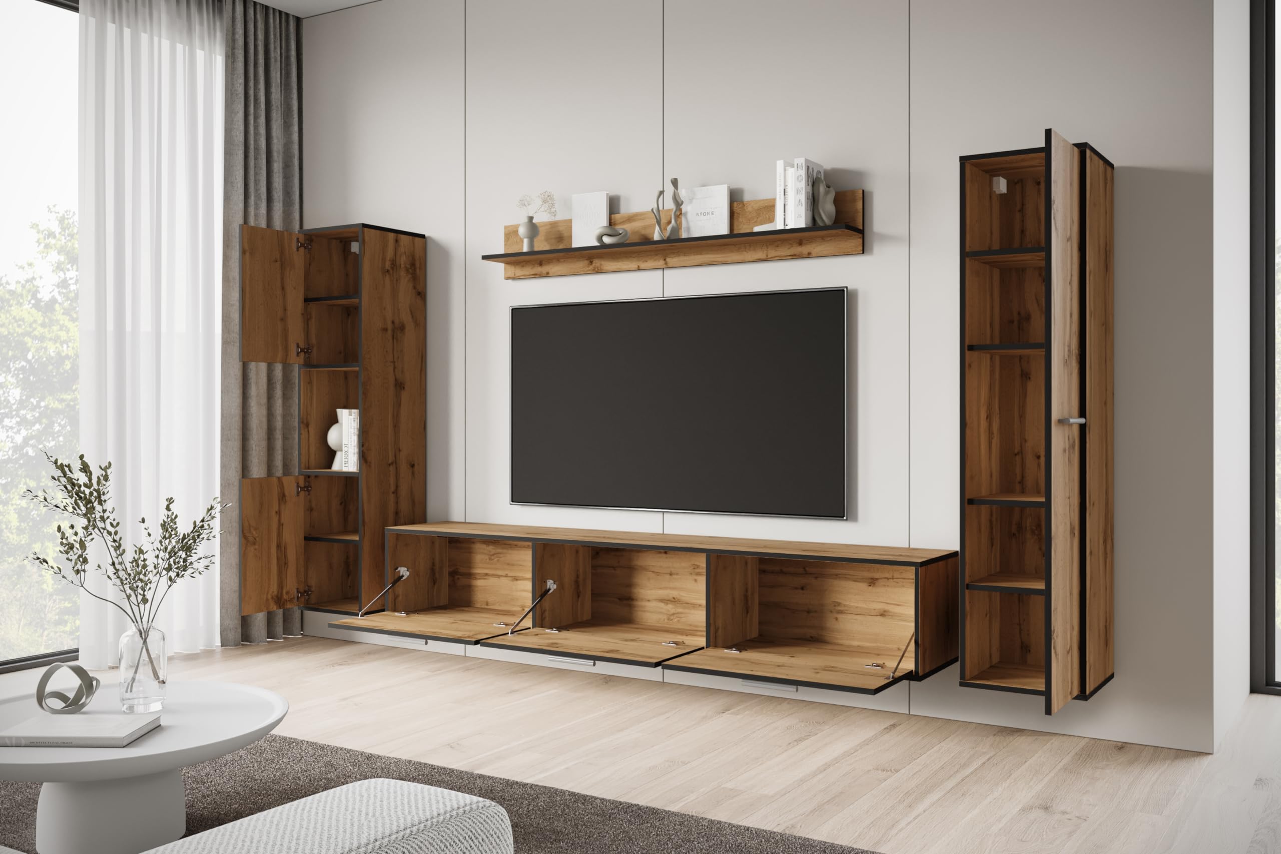 MINIO go for it - Wohnwand Wohnzimmer 4-teilig Toga, Wohnzimmer Möbel Set, 1x TV Lowboard, 2X Hochschrank, 1x Wandboard, Wohnzimmermöbel Komplett, Wohnzimmer Set - Farbe Wotan Eiche/Schwarz Farbe