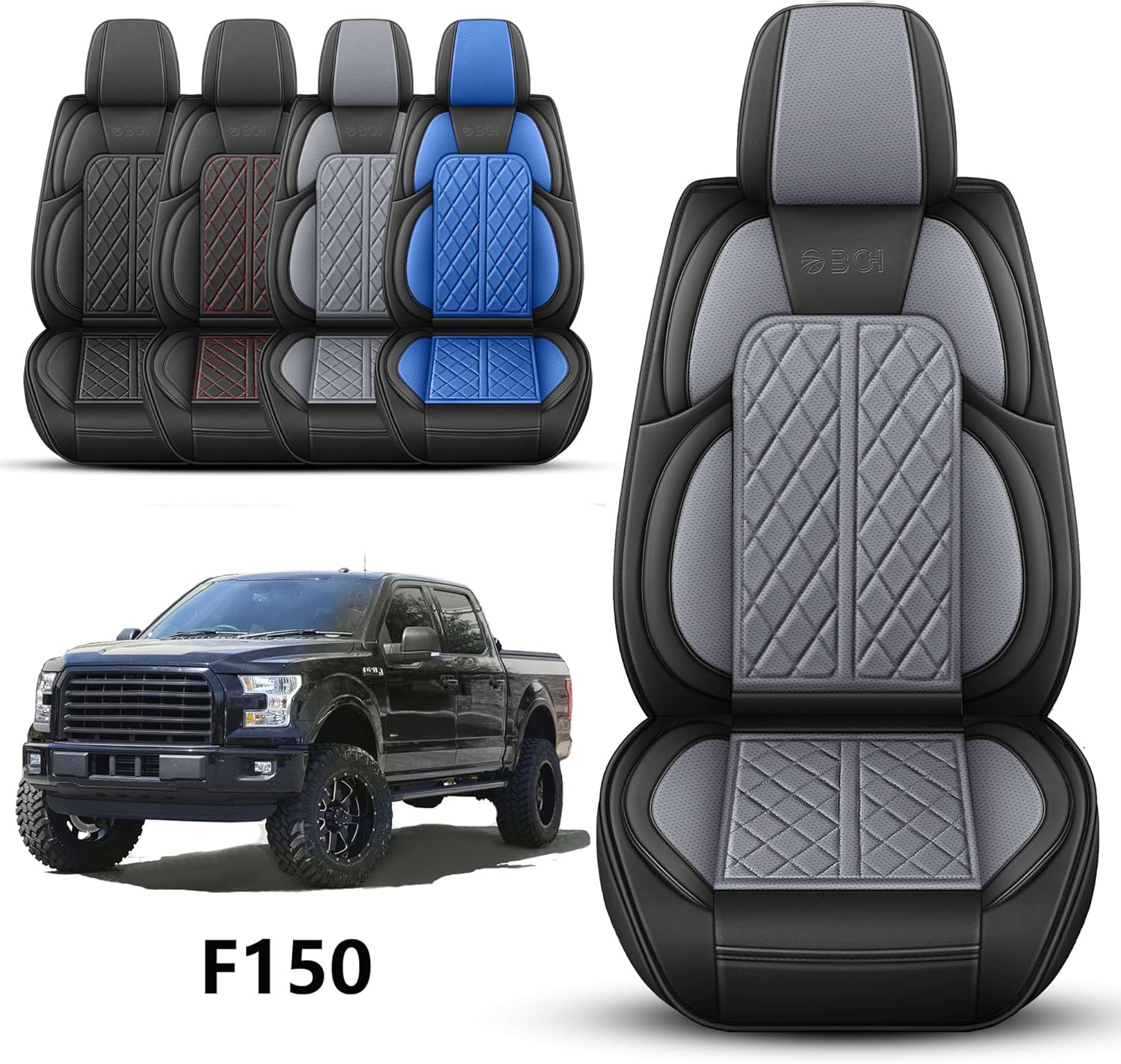 duduwang car seat cover custom fit for ford f150 2009-2026 faux leather seat cover set compatible with regular cab super cab super crew pickup truck cushions (black & grey, front seat) front seats black & grey