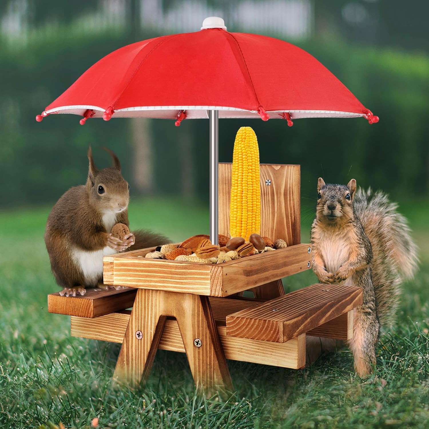 Gnodary Squirrel Feeder with Umbrella, Squirrel Feeders for Outside, Squirrel Picnic Table Feeder - Chipmunk Feeder Hold Corn, Corn Cob, Peanuts (