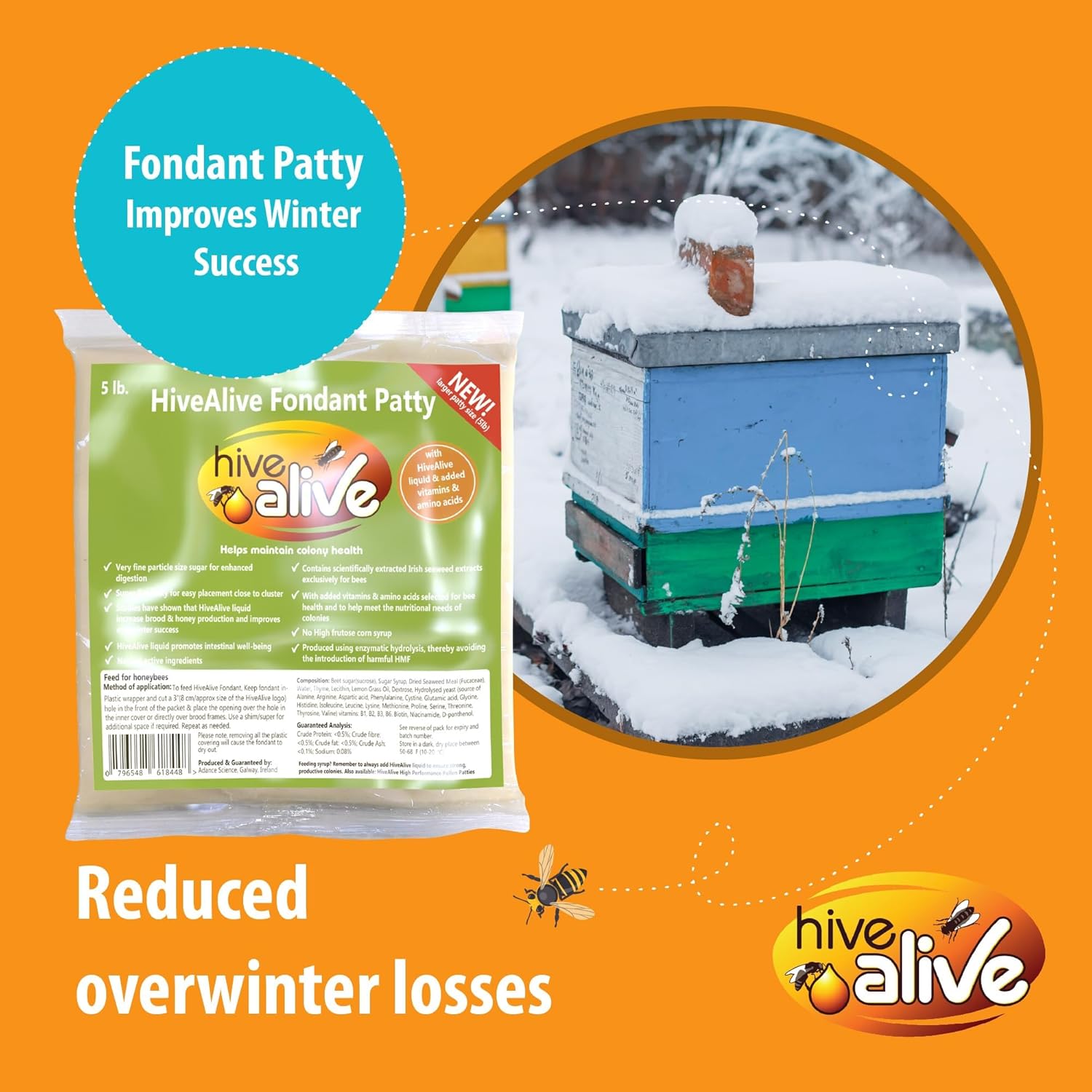 HIVE ALIVE Fondant Bee Food Supplement - with Vitamins & Amino Acids - Feed Enhancer Improves Colony Health, Population & Honey Production – HiveAlive Feeding Program - 5lb, 6Pack
