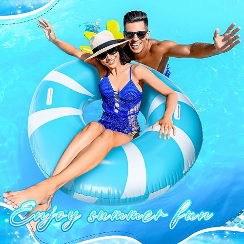 Miniatura 7 de 2 anillos de natación grandes azules con asas de 47.24 pulgadas, tubo inflable clásico a rayas para piscina inflable para adultos, tumbonas de