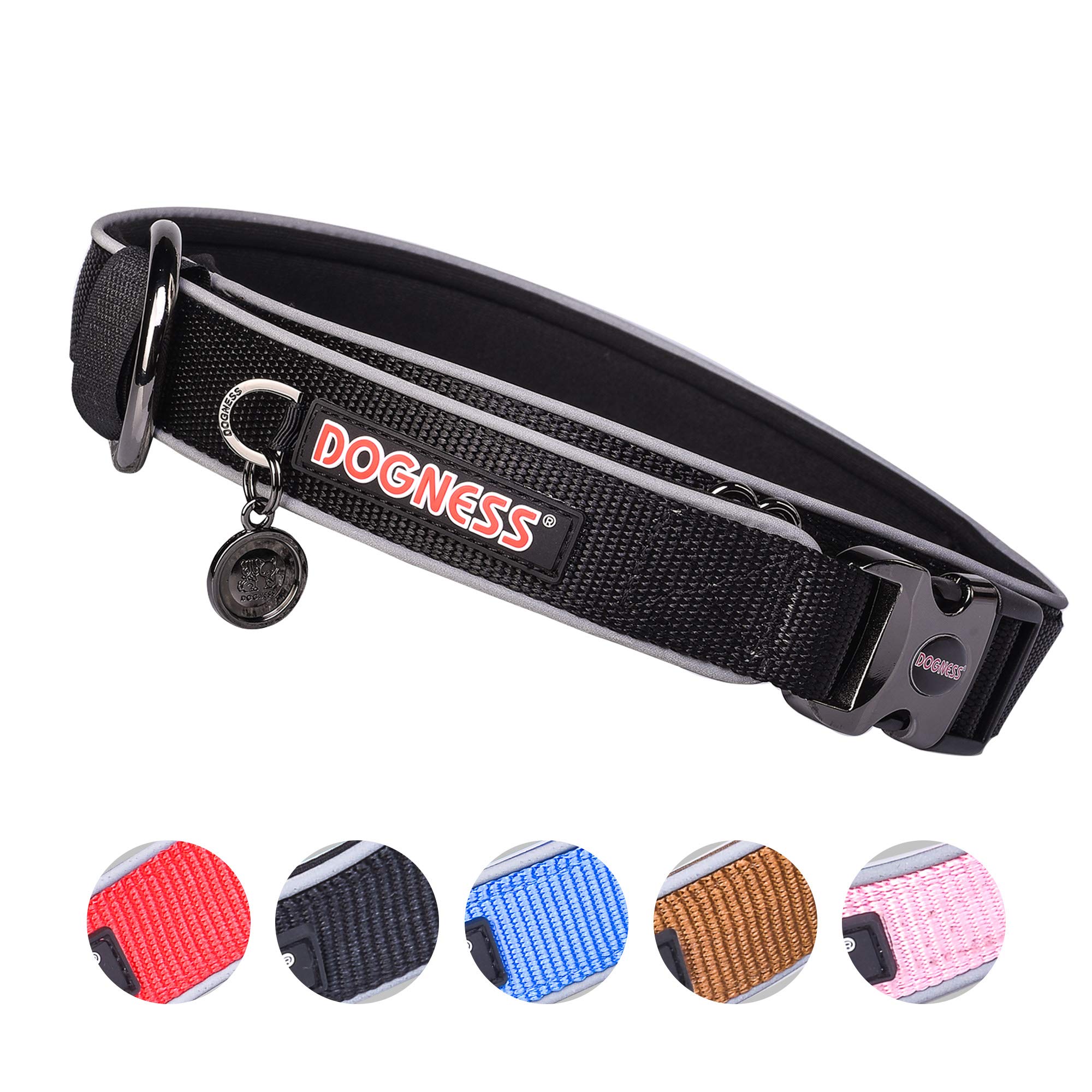 DOGNESS Classic Dog Collar, Comfort Soft Neoprene Padded Nylon, Ultra Safety Reflective Piping, 4 Sizes 5 Colors for Small Medium Large Dogs, Matching Leash Sold Separately