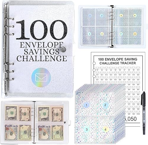 Desafío de ahorro de dinero con 100 sobres, carpeta brillante de desafío de 100 sobres, forma fácil y divertida de ahorrar $5,050, carpeta de libros