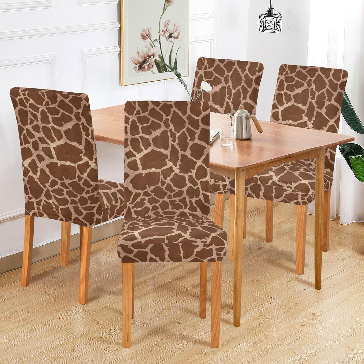 Giraffe Print Dining Chair Covers Set of 4, Stretch Kitchen Chair Slipcover Washable Removable Chair Covers Protector for Dining Room, Hotel and Ceremony