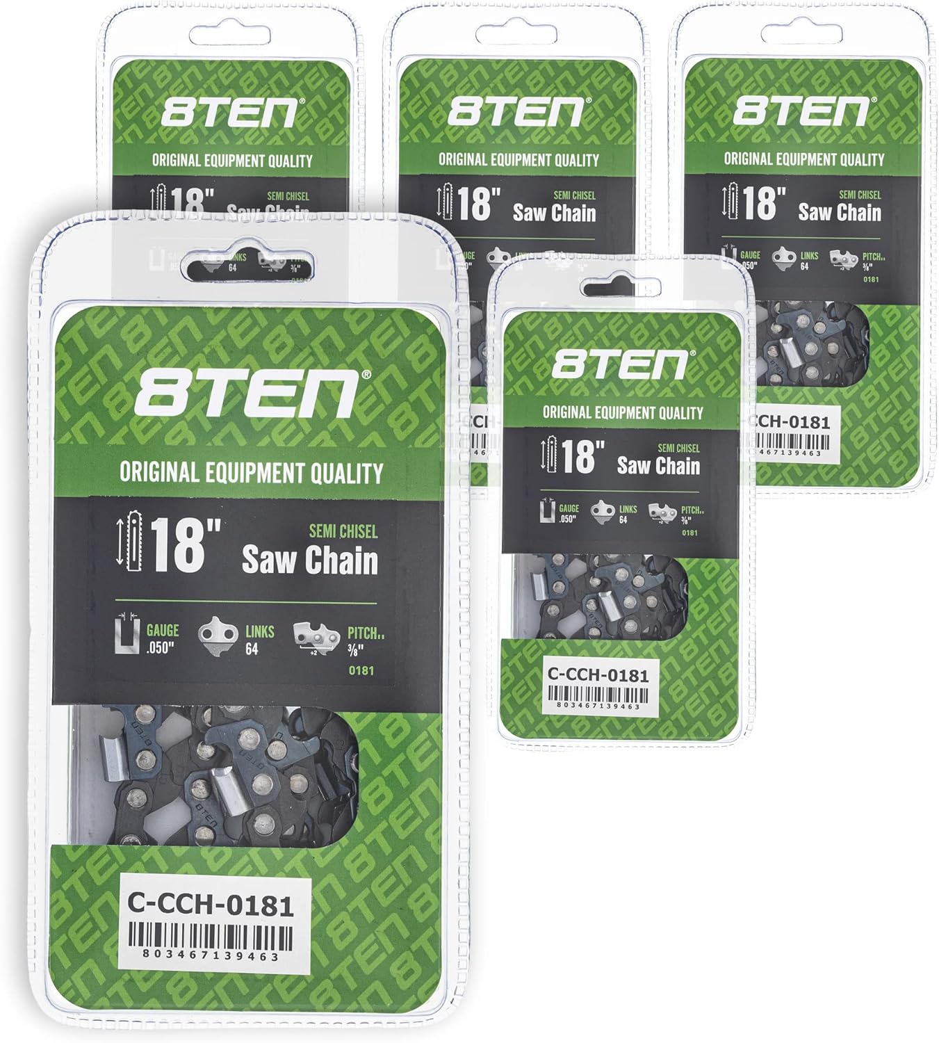 8TEN Semi Chisel Chainsaw Chain 18 Inch .050 3/8 64DL for DCS430 Echo CS-600P Jonsered 2160 (4 Pack)