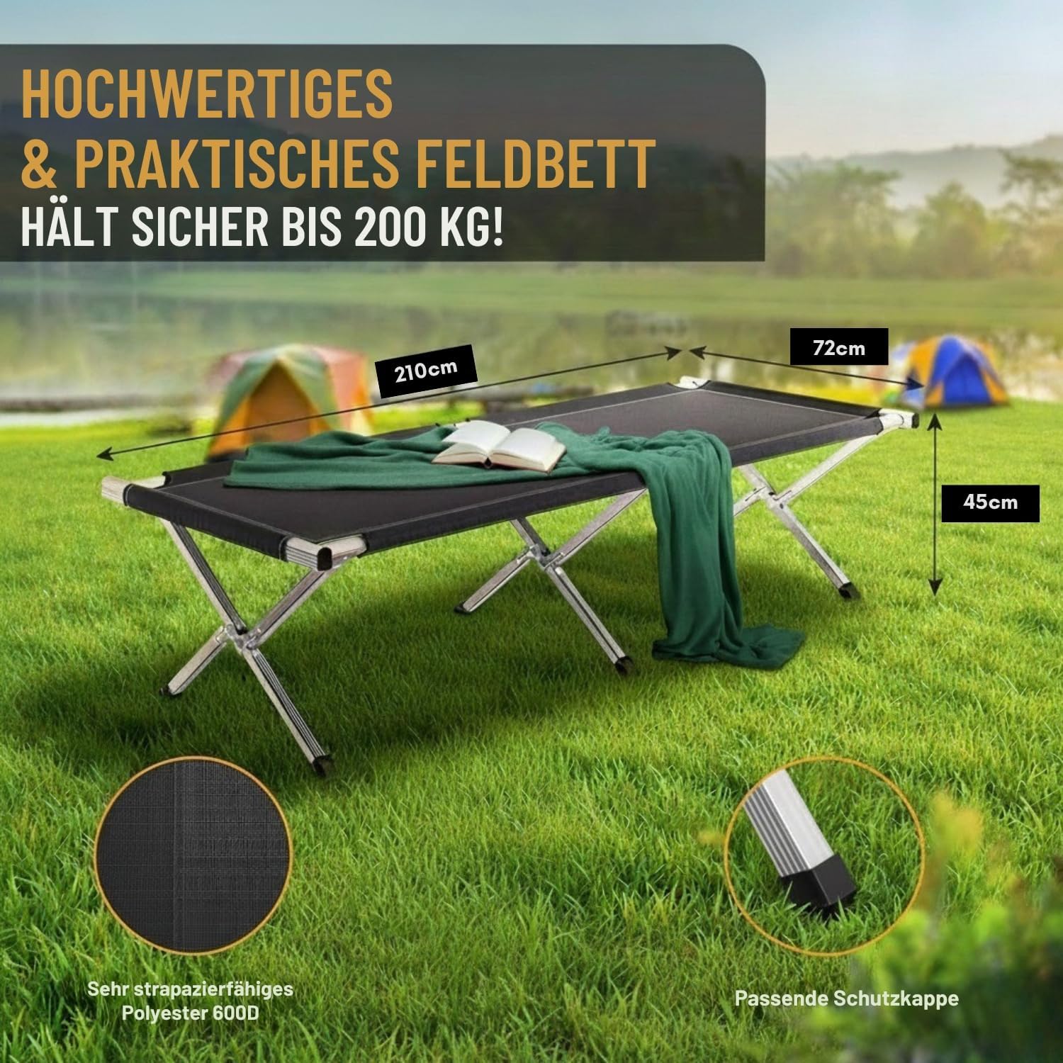Kronenburg Feldbett XXL, Campingbett 210 cm x 72 cm x 45 cm – Belastbarkeit bis 200 kg - Stahlrohr verstärkt - in Schwarz
