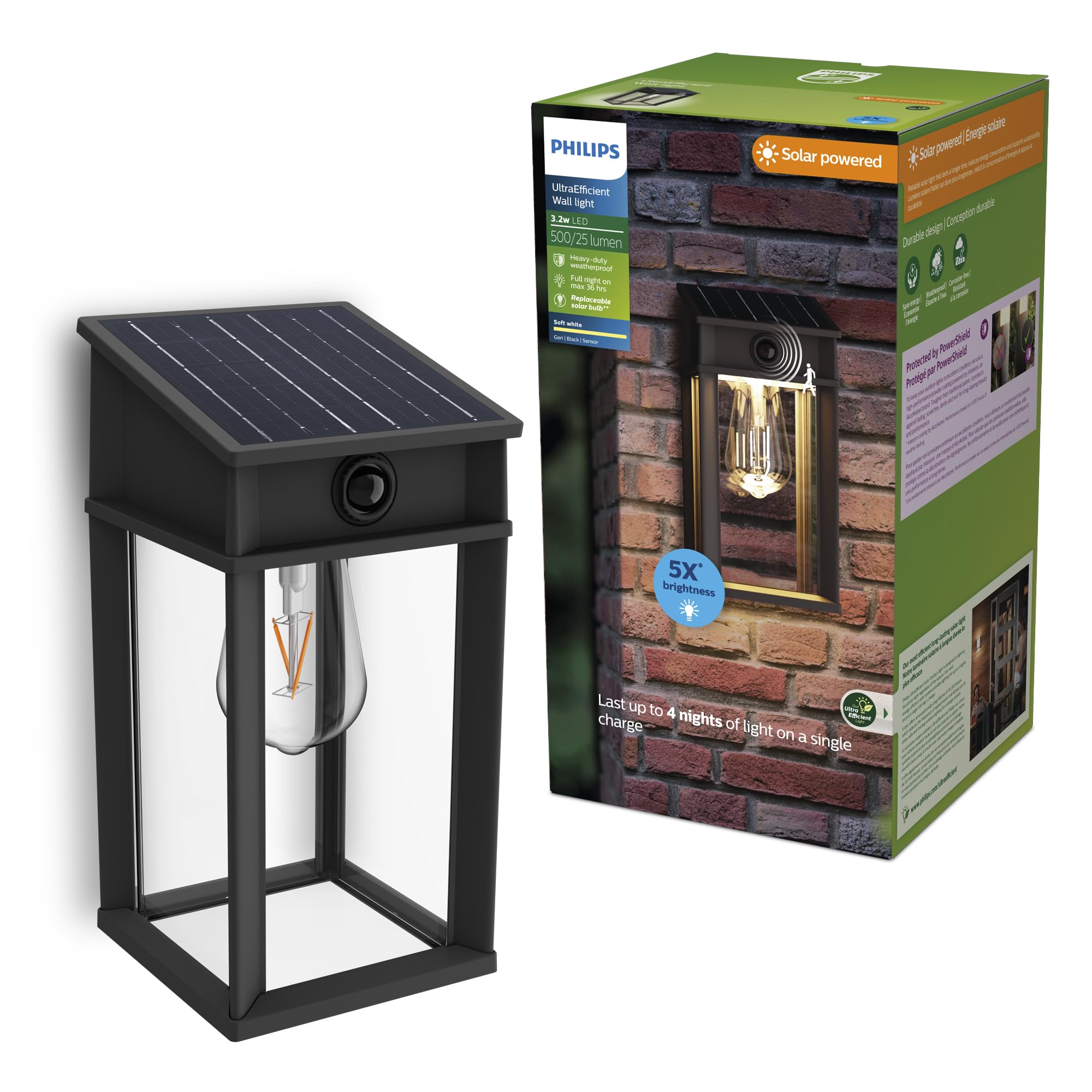Philips Solar LED 1-Pack Geri UltraEfficient Outdoor Wall Light, Motion Sensor, 2700K, Square, Black, 500 Lumen, High Brightness, Glass, Metal