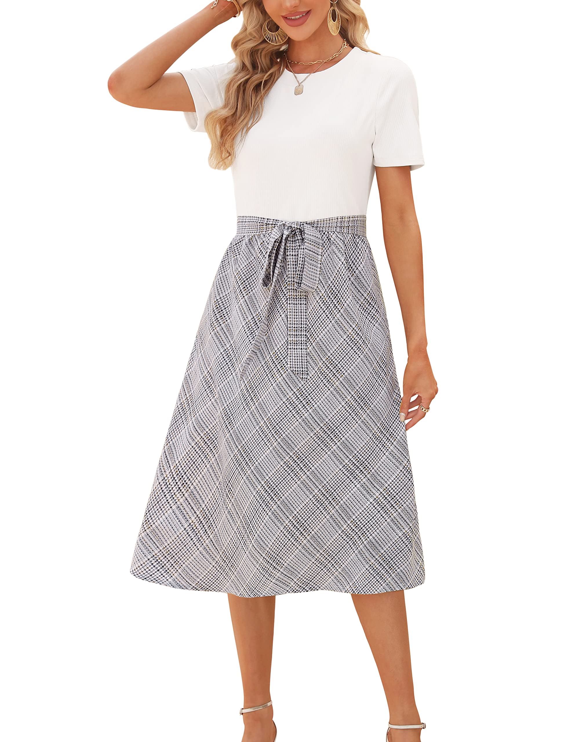 ZattcasZattcas Women 2024 Summer Dress Short Sleeve Ribbed Teacher Church  Modest Casual Business Work Outfits Midi Dress