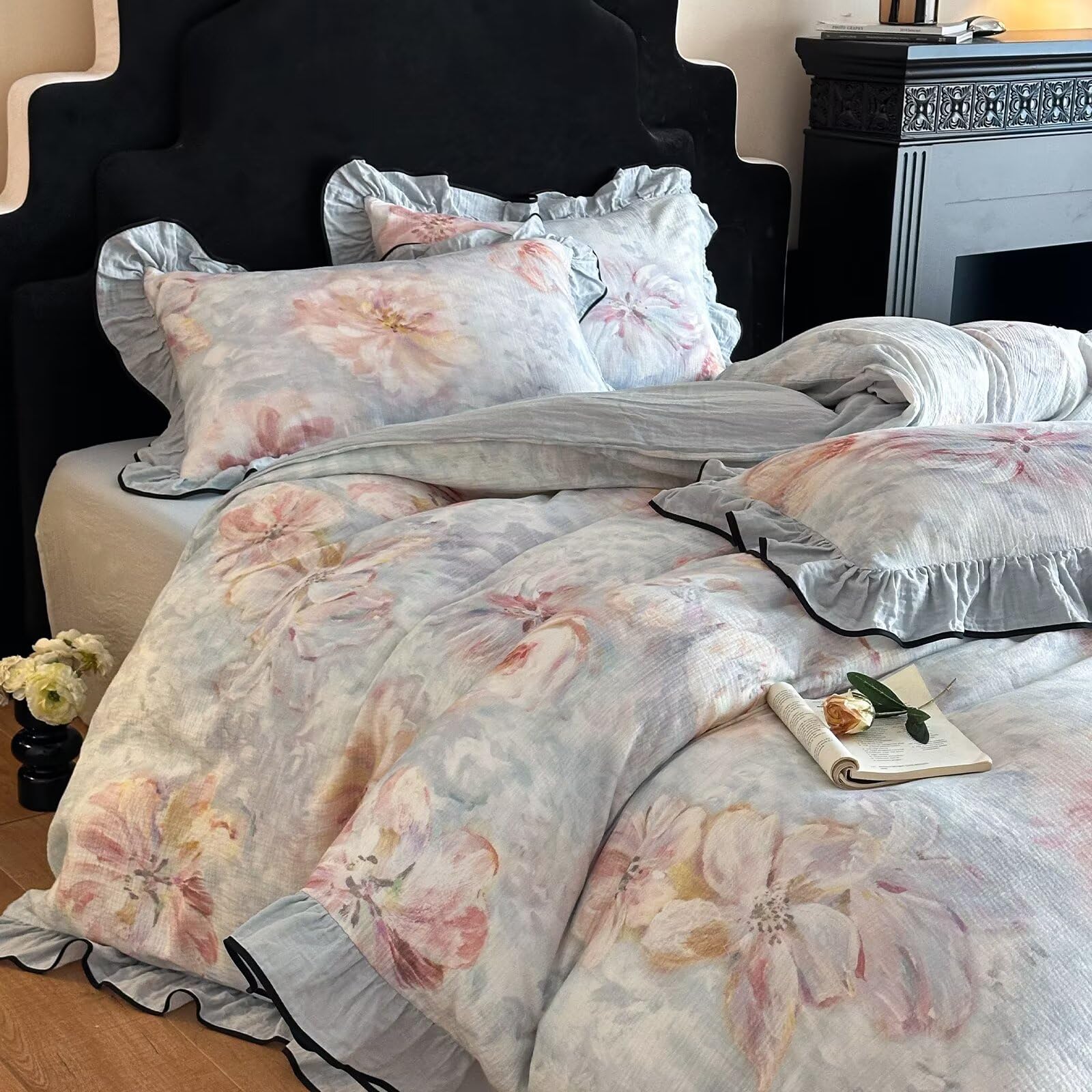 mixinni Vintage Blue Floral Duvet Cover Set Queen Size - 100% Cotton Double Gauze Crinkle Bedding with Ruffled Lace, 3-Piece Romantic Cottagecore Style Pink Floral Duvet Cover, Breathable & Soft — image 1