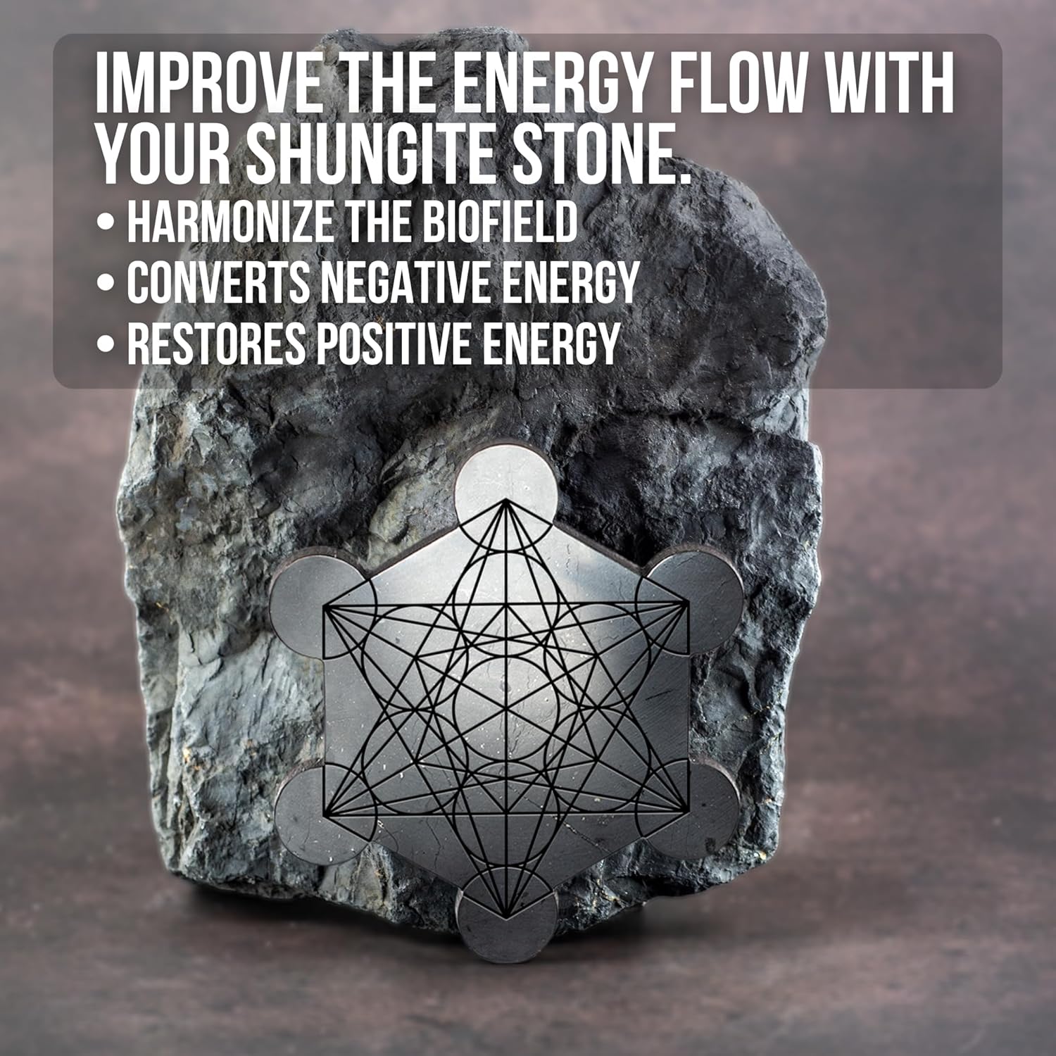 Shungite Charging Plate Metatron - Polished Finish - Engraving of the Sacral Symbol Cube of Metatron - Charging Plate for Crystals Plant and Drinking - Each one has a Certificate of Authenticity