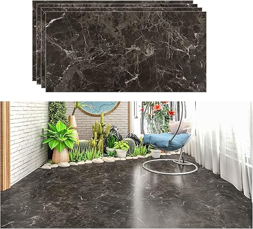 VEELIKE Azulejos de vinilo de mármol marrón oscuro de 12 x 24 pulgadas, azulejos de vinilo de mármol para despegar y pegar, impermeable,