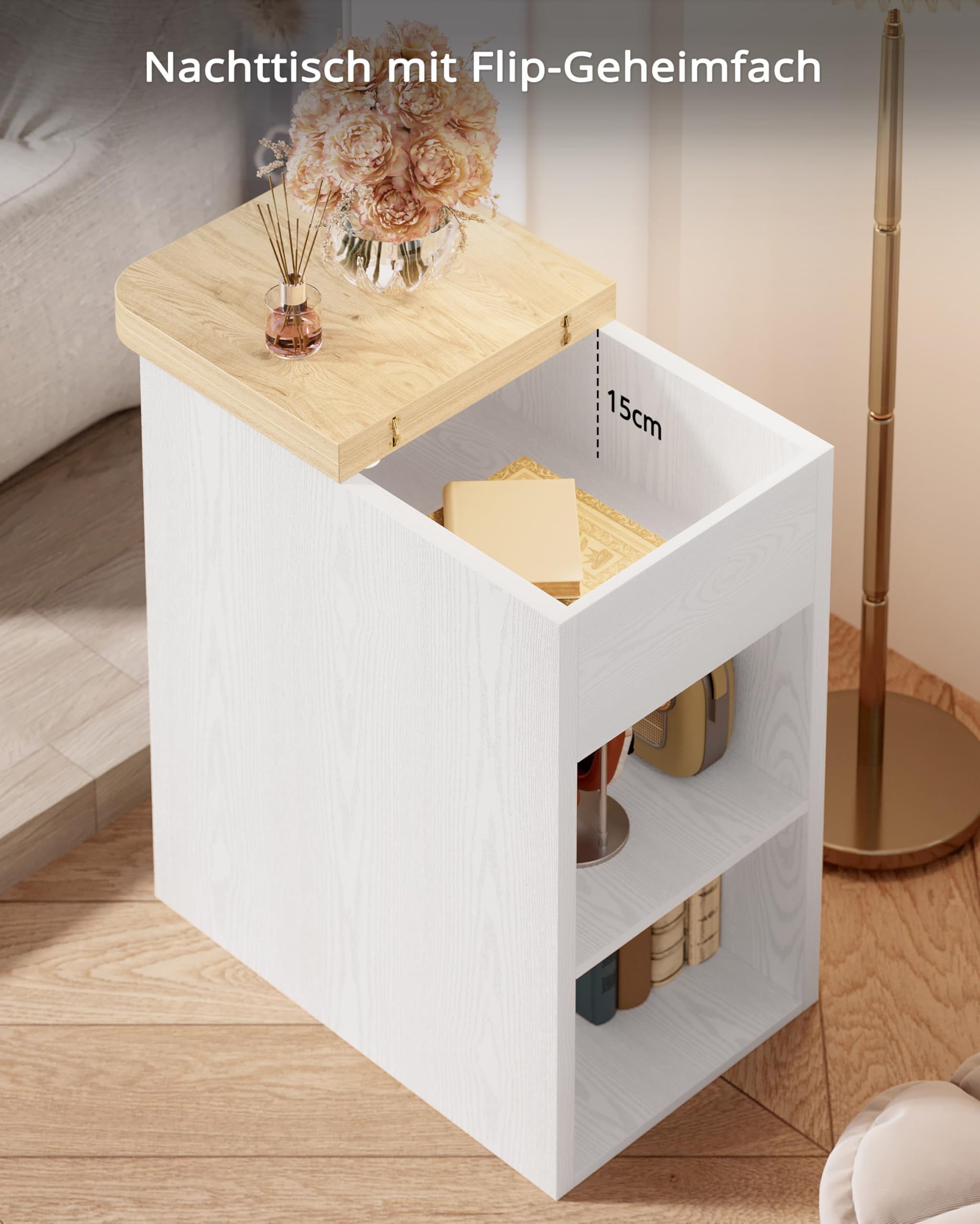 IRONCK Nachttisch schmal, Beistelltisch mit Steckdose 2 AC, 2 USB-Anschlüsse, Holz Sofatisch, Couchtisch mit Flip geheimfach, 2 offene Fächer, Nachtschrank für Wohnzimmer, Schlafzimmer,Weiß