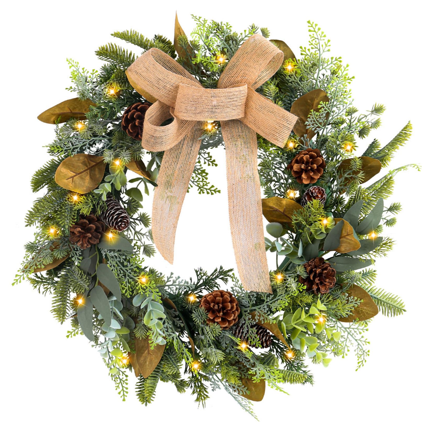 Couronne Artificielle, Couronne de Noël avec des lumières LED, Noël Suspendu de 18 Pouces avec Grand Arc, pinone, Feuilles pour la Porte d'entrée décor Vacances