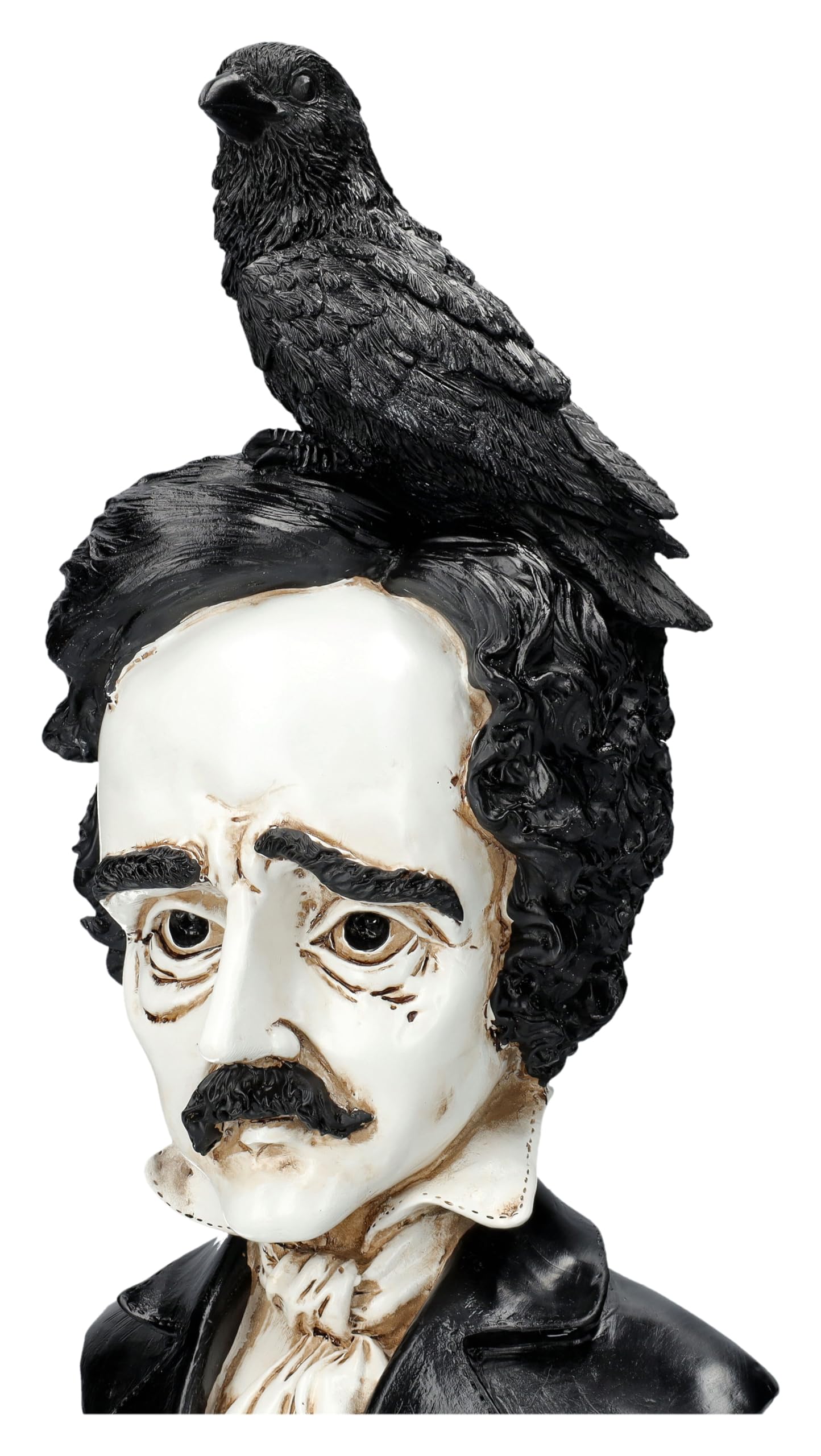 Edgar Allan Poe - Busto con cuervo (40 cm, piedra artificial, pintado a mano), color blanco y negro