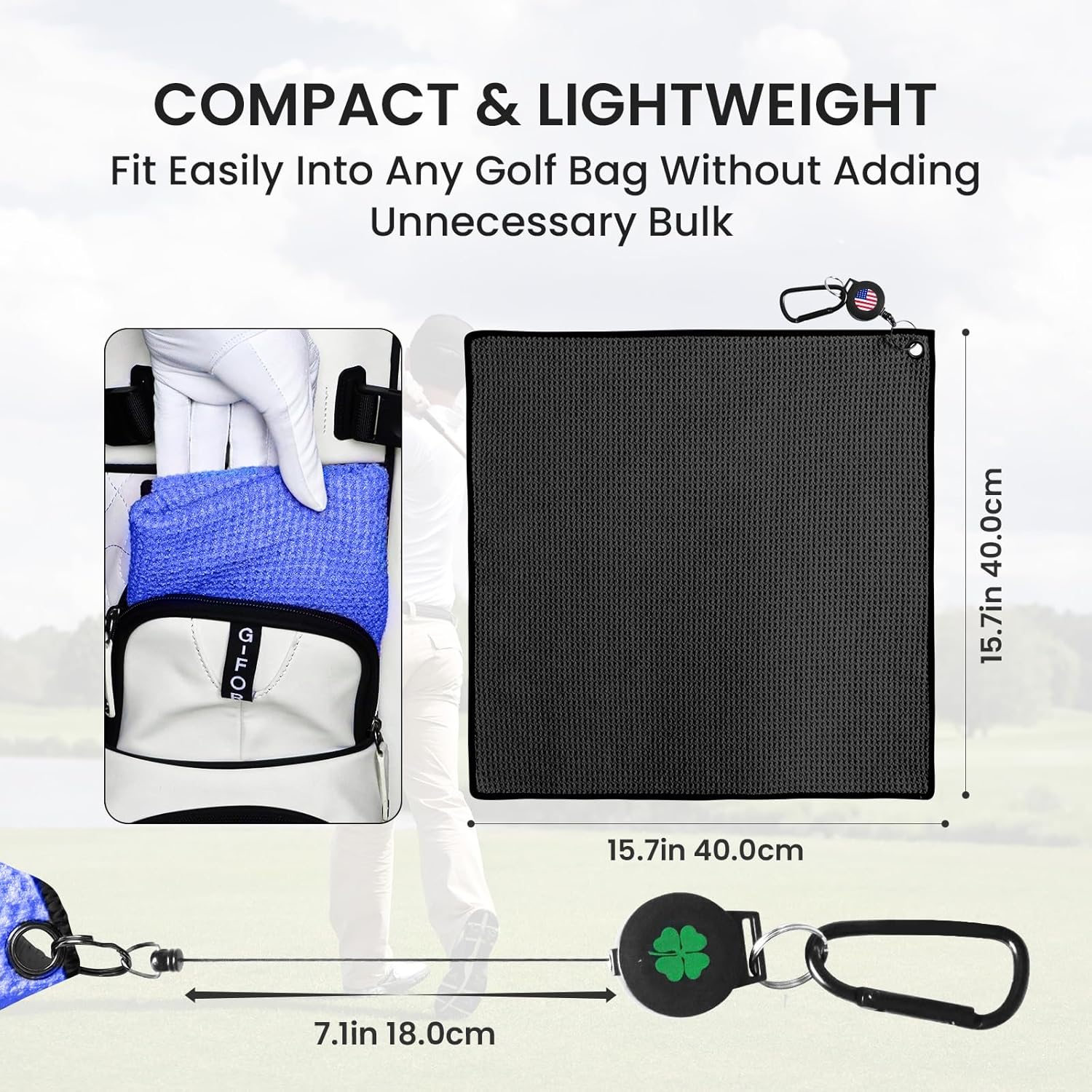 FINGER TEN Golf Towels for Golf Bags Value 2/3 Pack with Strong Magnetic Retractable Carabiner, 15.7''x15.7'' Microfiber Waffle Pattern Cleaner, Absorbent Set for Men Women (Gray&Black&Blue-3 Pack) - Image 2