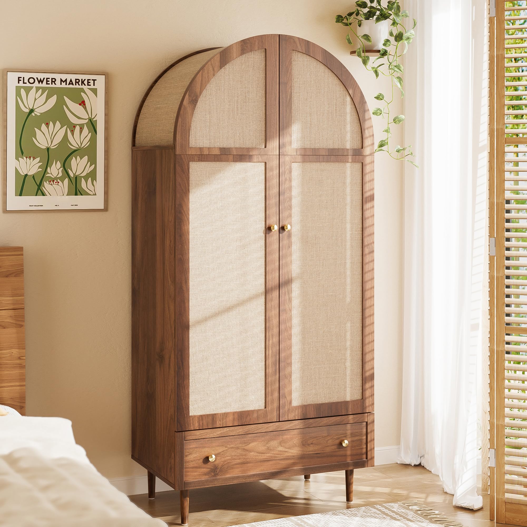 Elegante armadio con ante in tessuto e cassetti, piedini in legno robusti, pratico spazio di archiviazione per abbigliamento e accessori – ideale per camera da letto, camera degli ospiti o