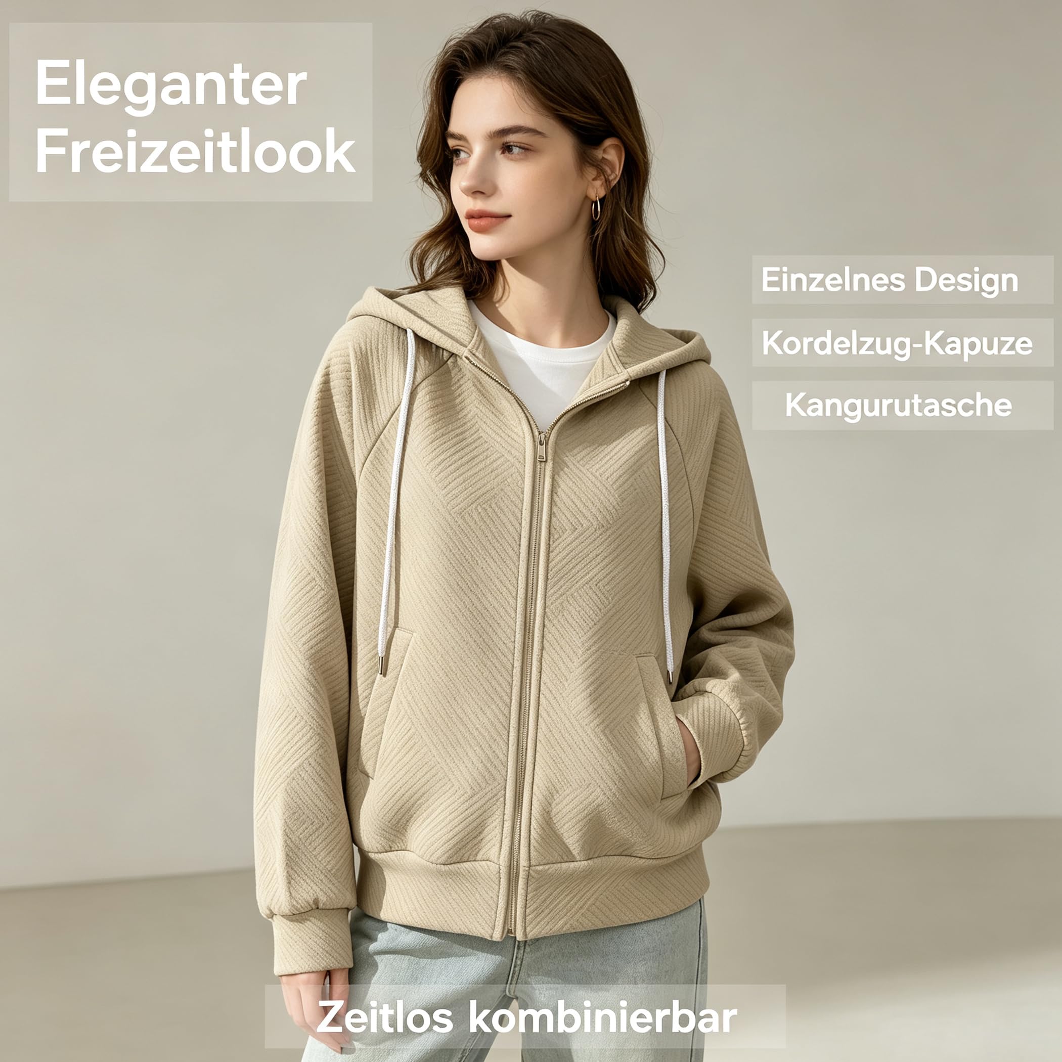 Damen Sweatjacke mit Kapuze Reißverschluss Struktur Oversize Langarm