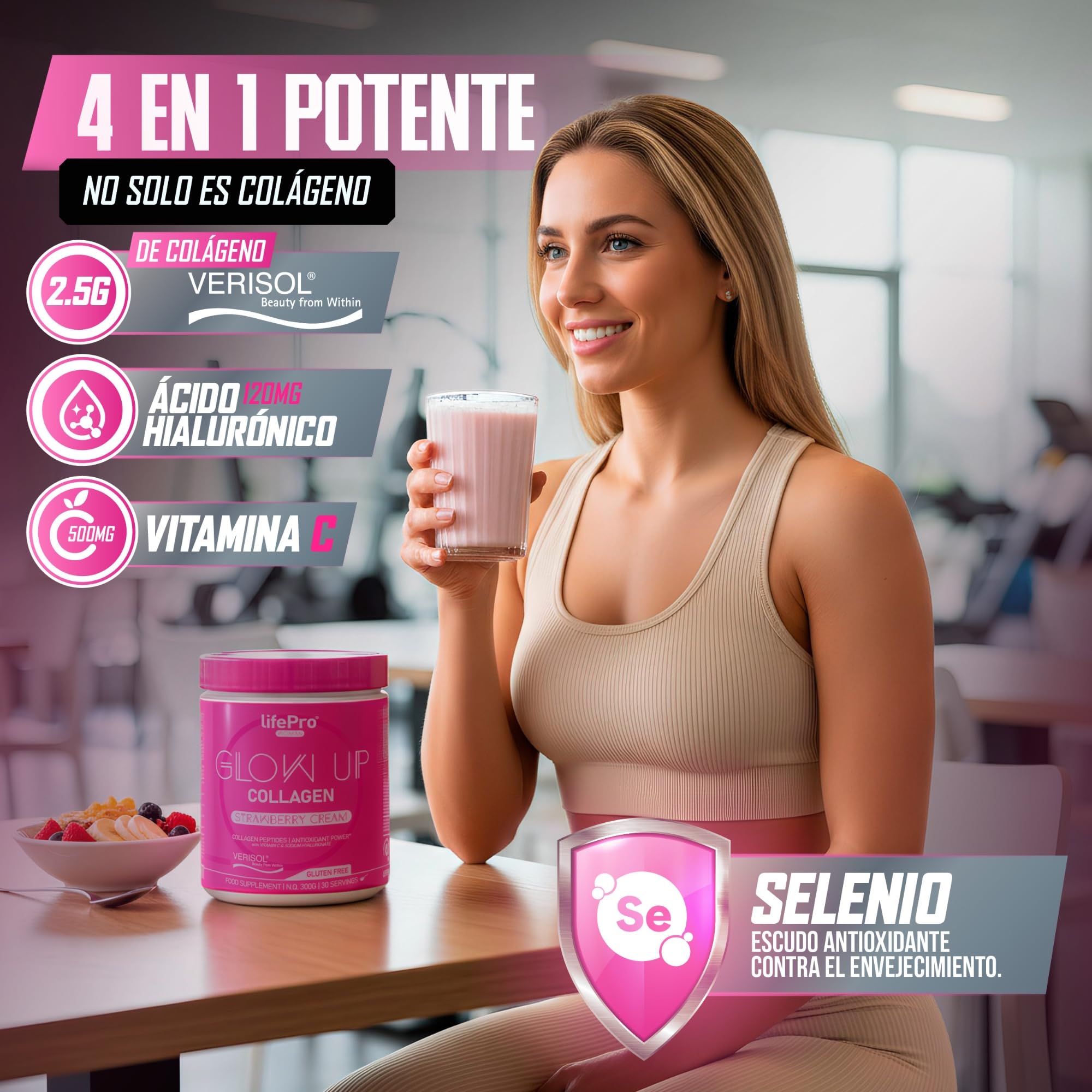 Life Pro Colágeno Hidrolizado Puro Verisol en Polvo con Vitamina C, Ácido Hialurónico y Selenio – Colágeno en Polvo de 300g (30 Dosis) Sin Azúcar, Sabor a Strawberry Cream para Piel, Cabello y Uñas