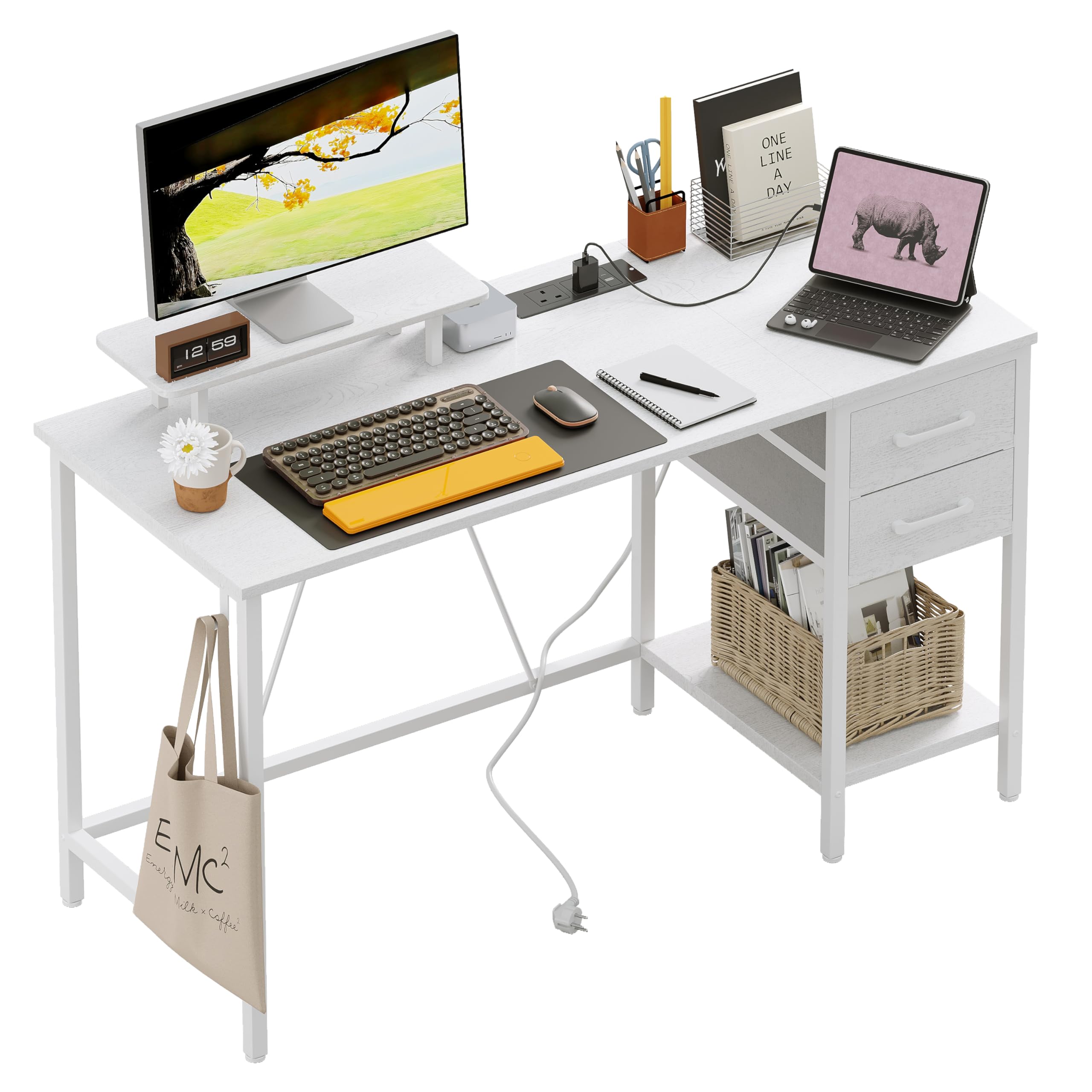 Xyphren 120cm Computer Desk with Drawers & Power Outlets, Office Desk with Storage Monitor Stand, Reversible Small Desks for Home Office Bedroom, White