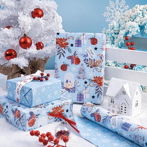 Vista 188 de WRAPAHOLIC Papel de regalo reversible de Navidad, mini rollo, 17 pulgadas x 33 pies, diseño de gnomo azul morado y cuadros con brillo metálico