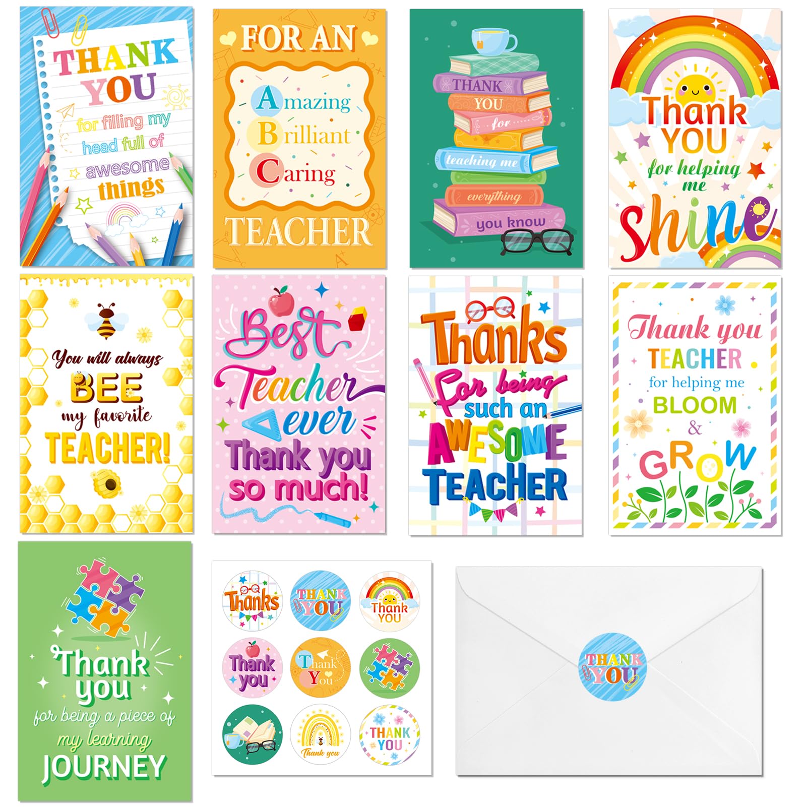 Qpout 18pcs Thank You Teacher Cards,Colorful Teacher Appreciation Week Gift,End of School Year Graduation Gift for Teachers,Teacher's Day Greeting Cards with Envelopes Stickers