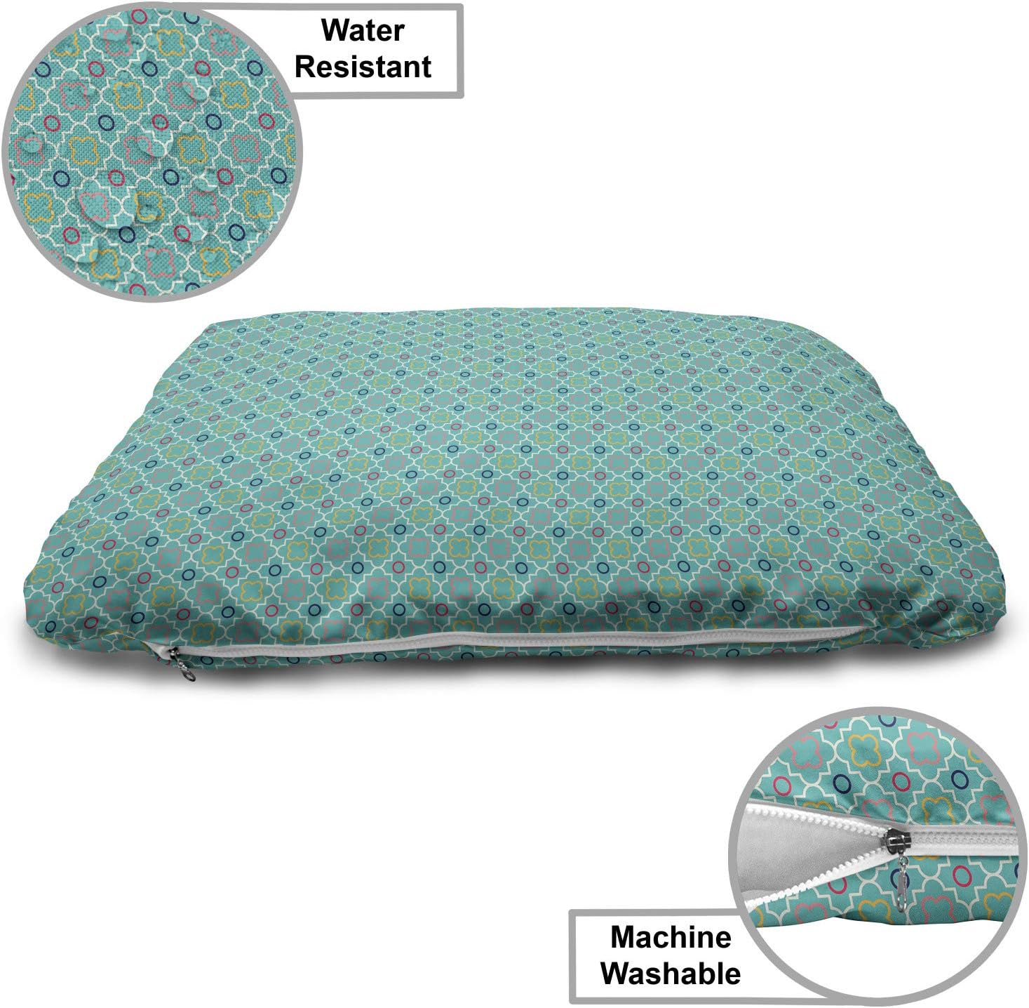 review Lunarable Teal Pet Bed, Traditional Quatrefoil Lattice Pattern Artwork with Moroccan Geometrical Shapes, Chew Resistant Pad for Dogs and Cats Cushion with Removable Cover, 24