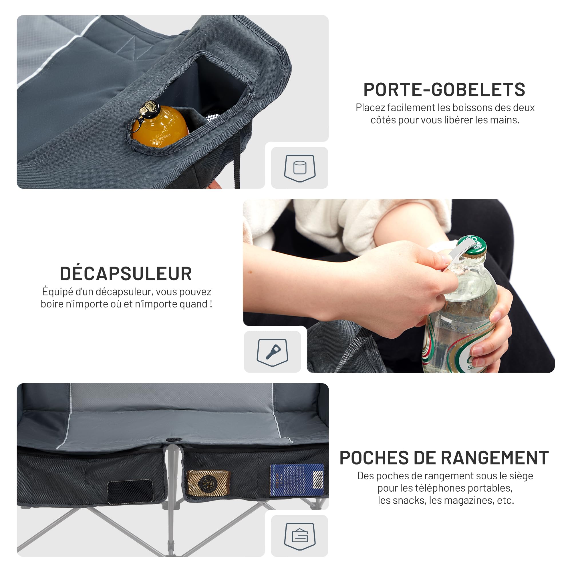 TIMBER RIDGE Chaise de camping pliable pour 2 personnes - Charge maximale : 320 kg - Canapé de camping XXL - 2 places - Avec poches latérales de grand volume - Dossier haut - Extra longue - Pour