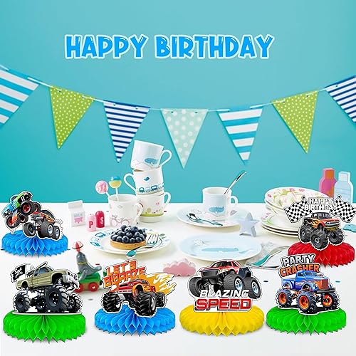 Miniatura 6 de Neasyth 9 piezas de decoraciones de cumpleaños de camiones, suministros de fiesta de camión, centros de mesa de panal de abeja, decoración de