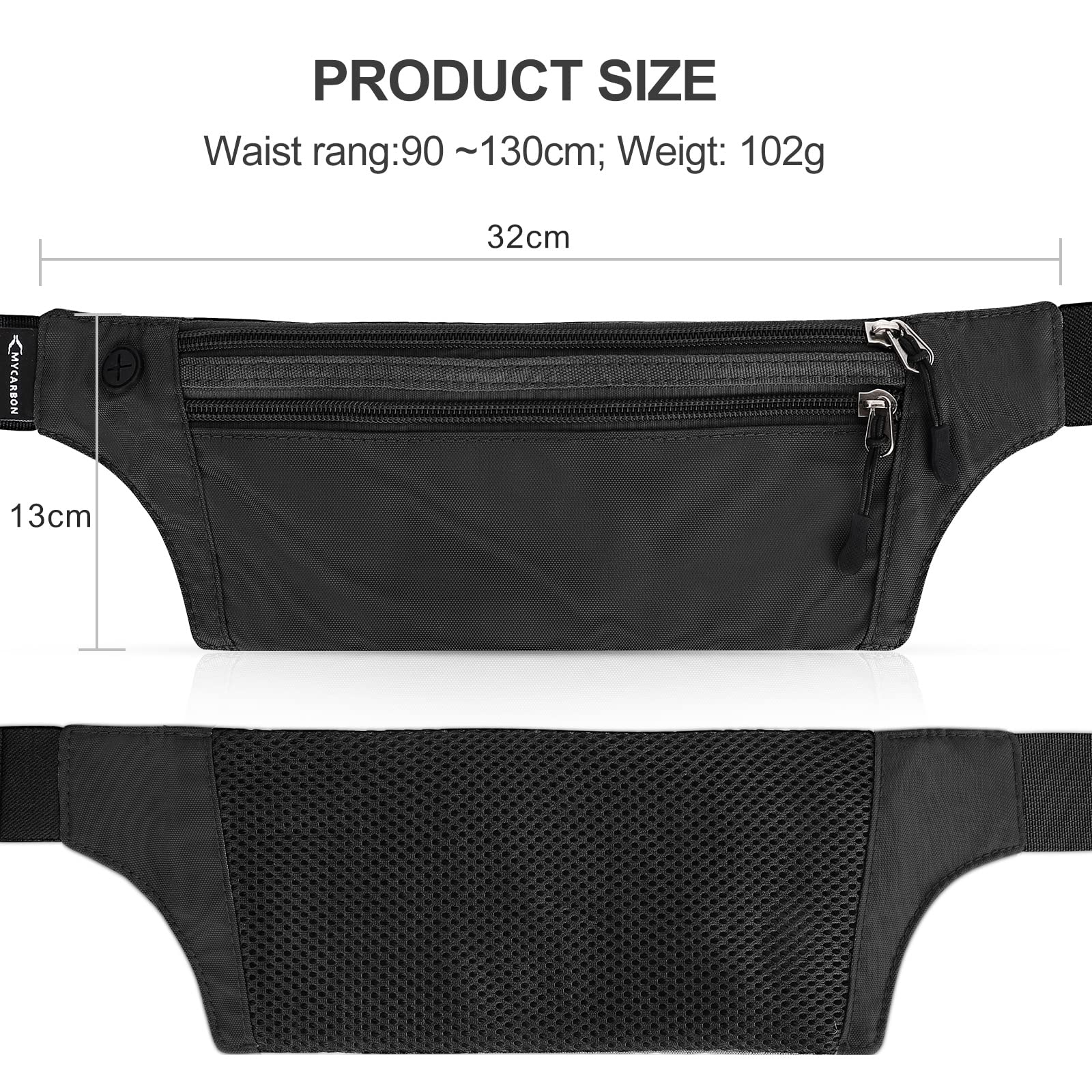 MYCARBON Saszetka biodrowa damska męska z RFID wodoodporna antykradzieżowa sportowa saszetka na pasek dwie kieszenie ze złączem do słuchawek torba do biegania w podróży rower bieganie, Czarny (Black