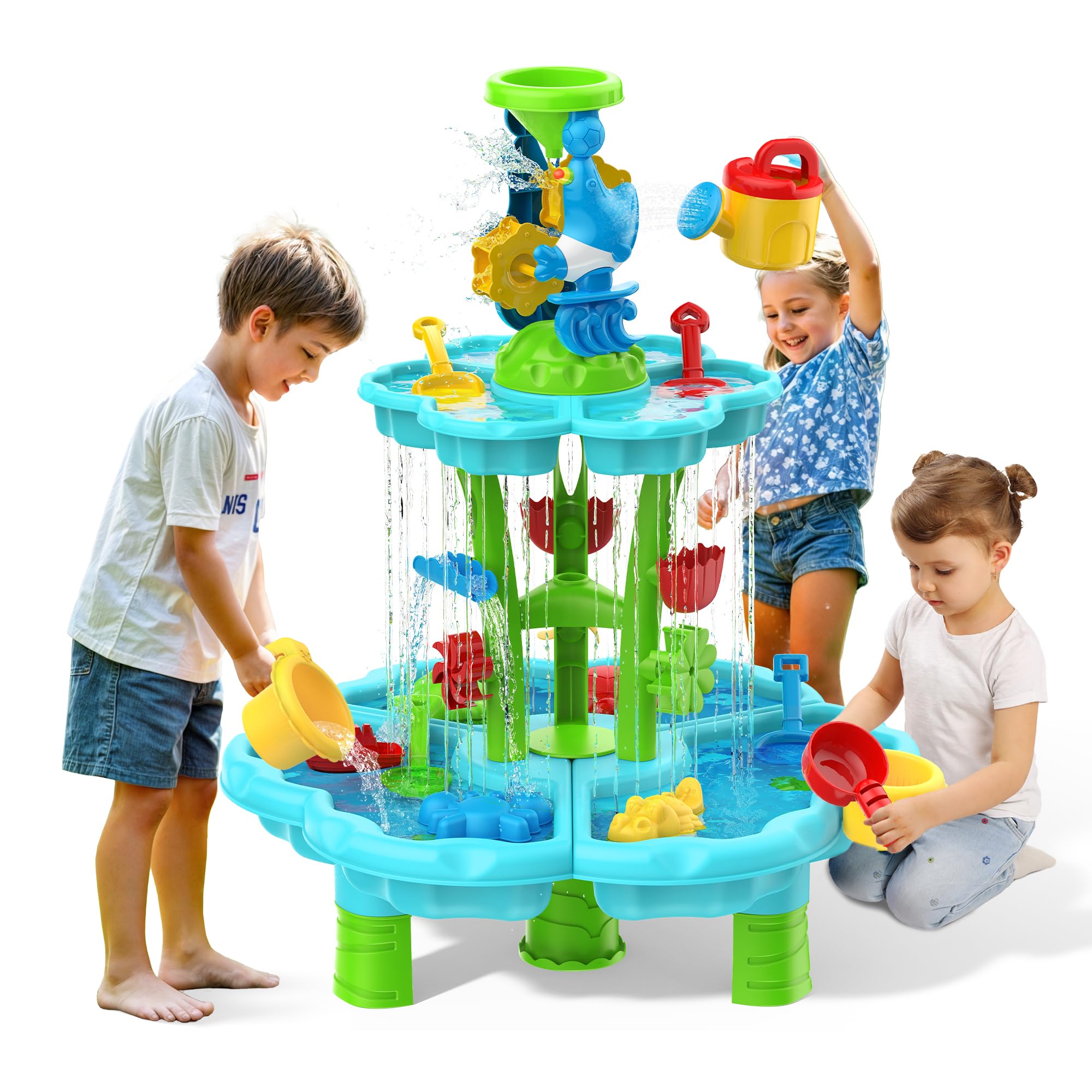 Kids Flower Water Sand Table for Toddlers - 2-Tier Outdoor Water Sand Play Table Toys for Boys Girls, Summer Splash Activity Sensory Table Party Birthday Gift for Kids 3-5 6-12