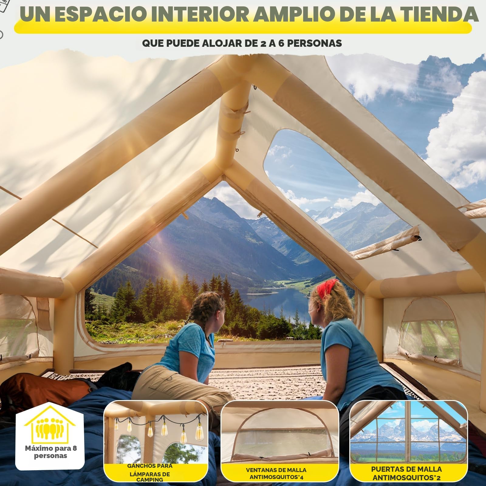 Tienda de campaña inflable con apertura de chimenea y claraboya, para exteriores, 2-10 personas, con bomba de aire, de tela Oxford impermeable, para las 4 estaciones, montaje rápido