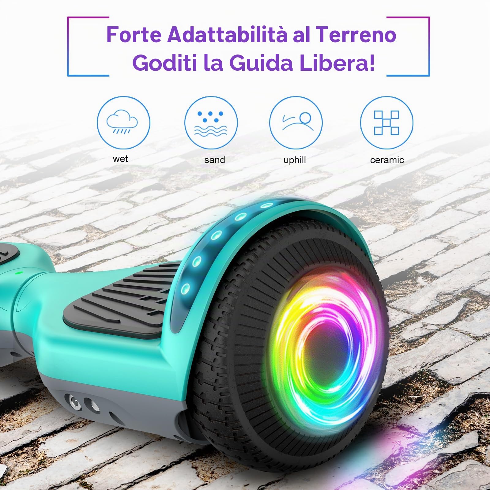 SISIGAD Hoverboard 6.5 Pollici Overboard, Hover Scooter Board All Terreno, Bluetooth e LED Auto-bilanciato Scooter elettrico Auto-bilanciamento per Bambini e Adulti