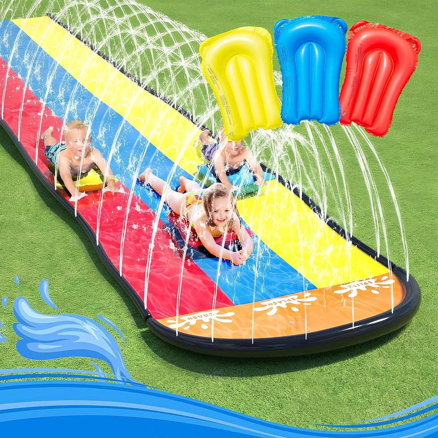 Generisch Wasserrutsche Garten für Kinder, 488x208cm Dreispurige Rutschbahn mit 3 Bodyboards, Wasserbahn mit Sprinkler, Sommer Wasserspielzeug
