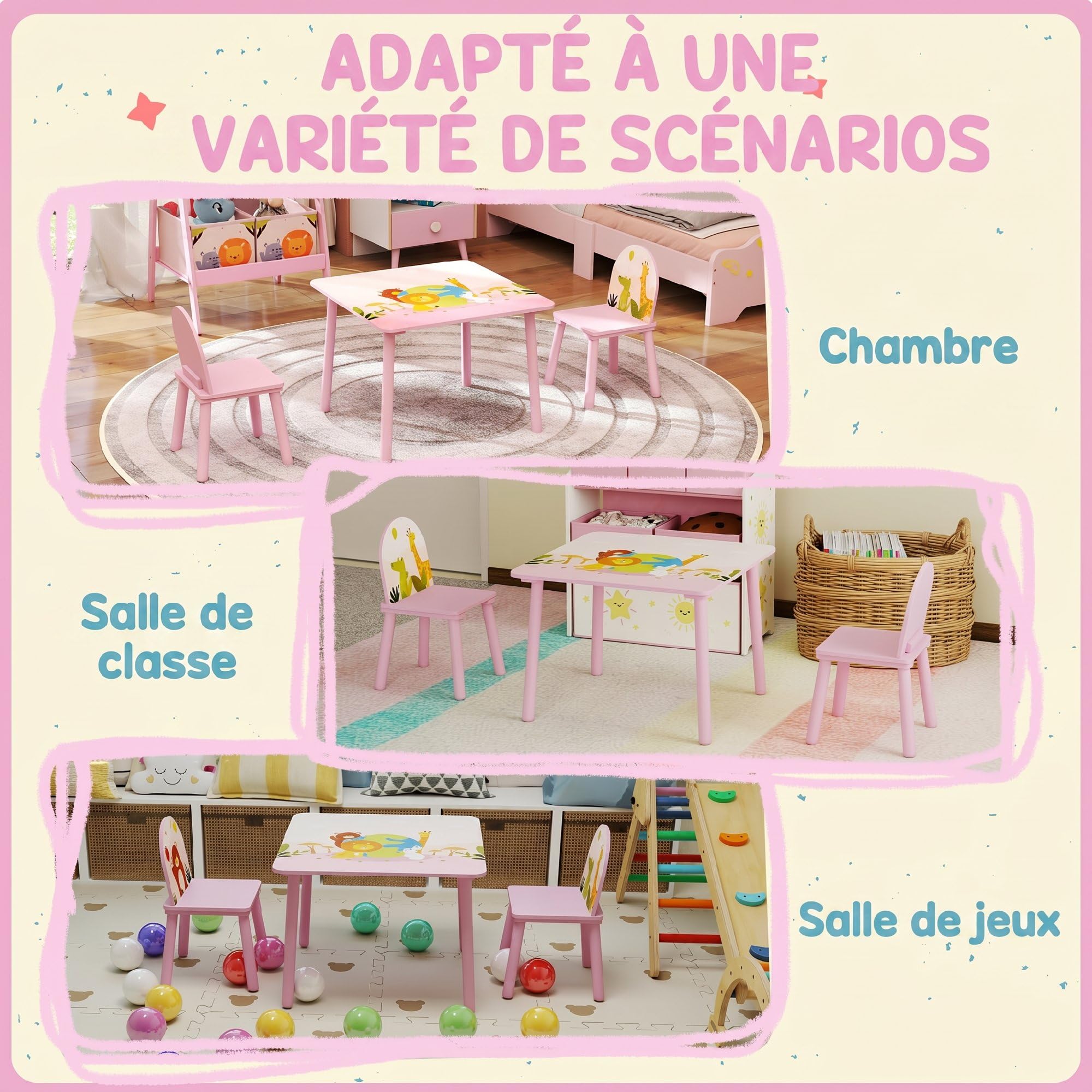 AIYAPLAY Table Enfant avec Chaise en Bois pour Fille Garçon 3-8 Ans Rose