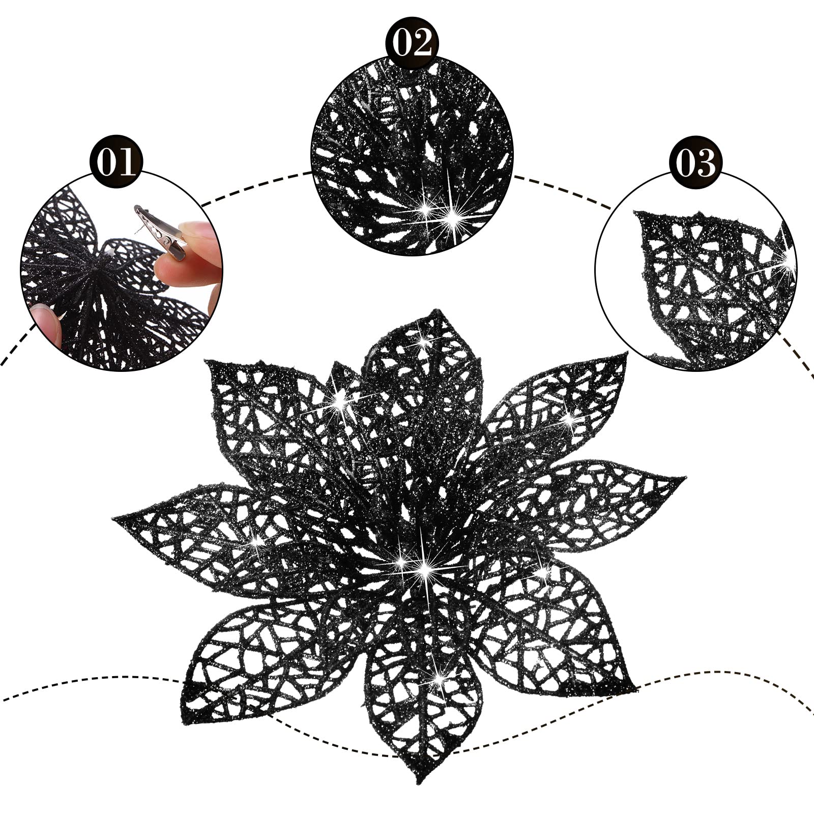 24 Pieces Glitter Poinsettia Christmas Tree Ornament Christmas Flowers Decor Ornament, 3/4/6 Inches (Black) - Image 3
