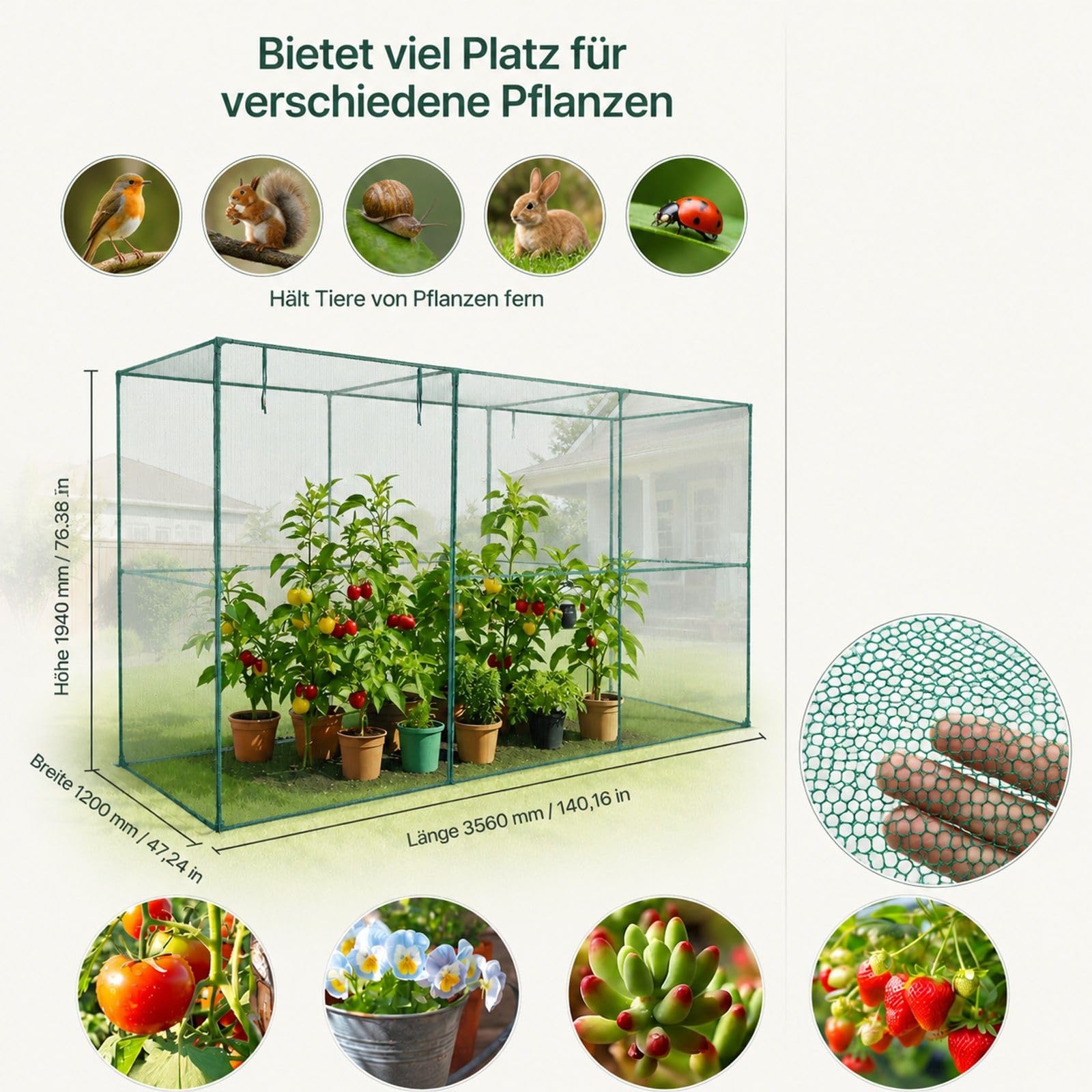 Pflanzenkäfig für Garten mit Reißverschlusstür, Netz für Tomatenpflanzen und Hochbeet im Außenbereich