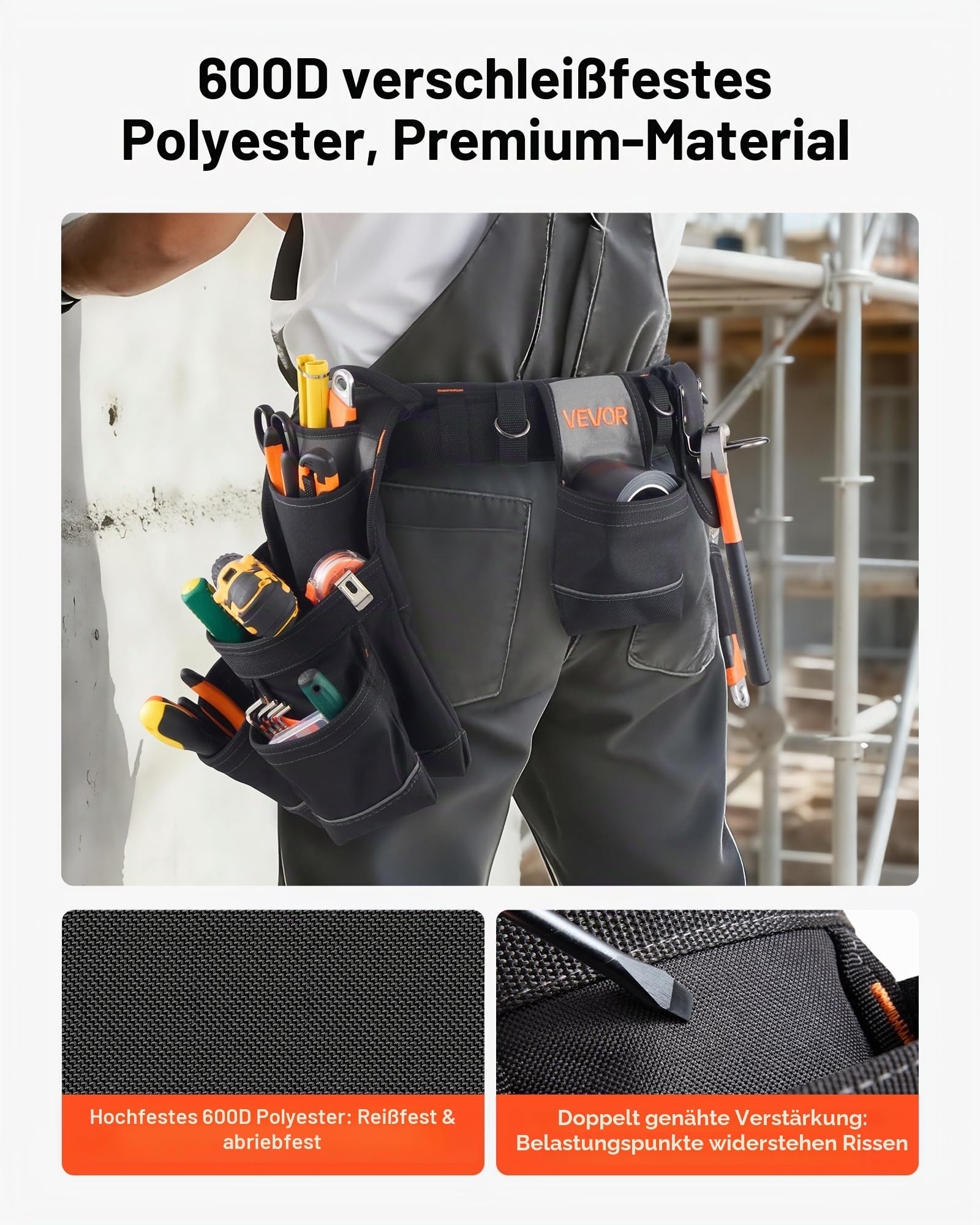 VEVOR Werkzeuggürtel, 18 Taschen, Profi-Handwerkergürtel, Hammerhalter, Werkzeughalter, Arbeitsgürtel für Elektriker, Schreiner & Bauarbeiter, Schürzenorganizer, verstellbar von 800 bis 1310 mm
