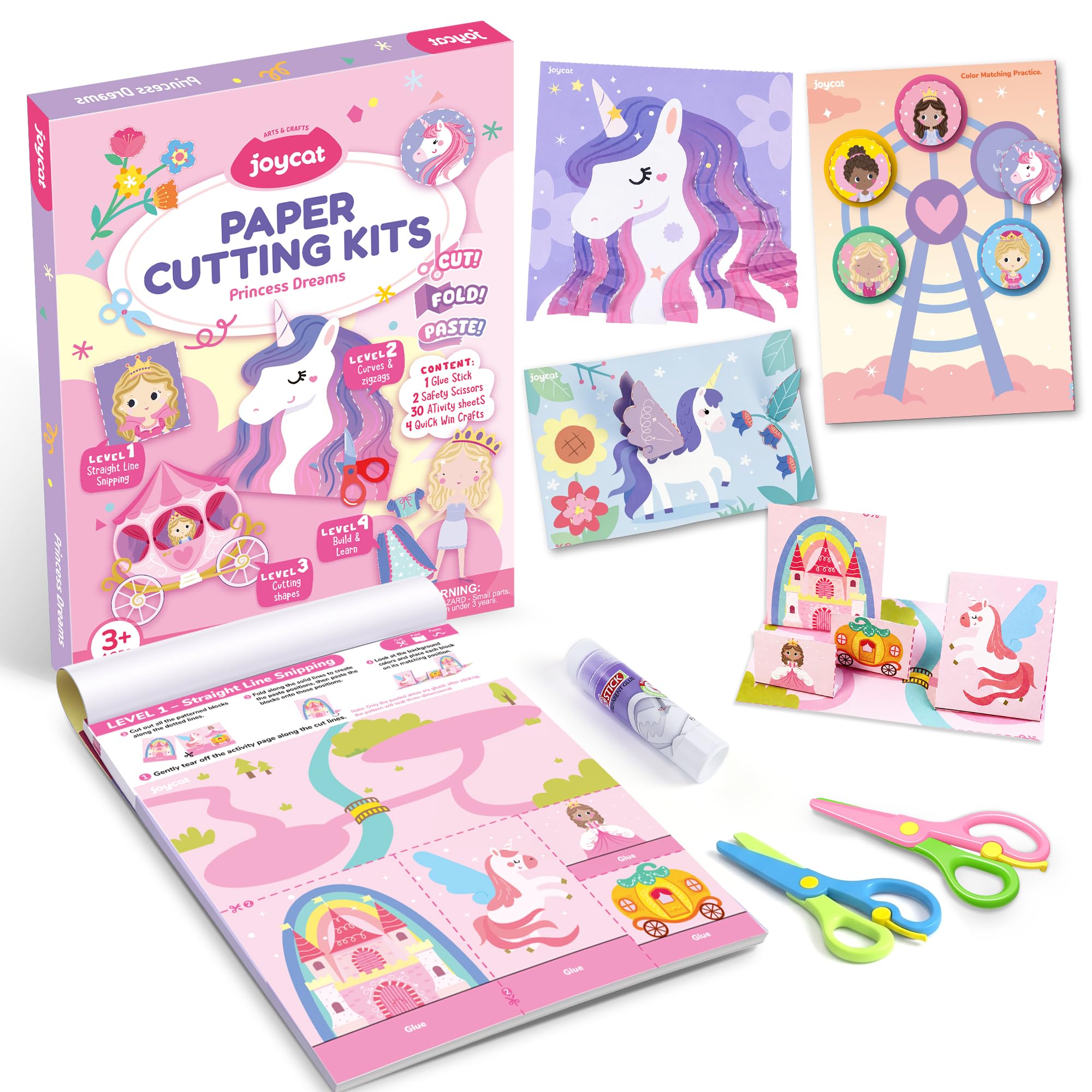 JoyCat Paper Cutting Kits for Kids Ages 3-5, Princess Dreams Scissor Skills Activity Book with 2 Safety Scissors, 30 Activity Sheets, 4 Quick Win Crafts, Glue Stick, Preschool Craft Set for Girls
